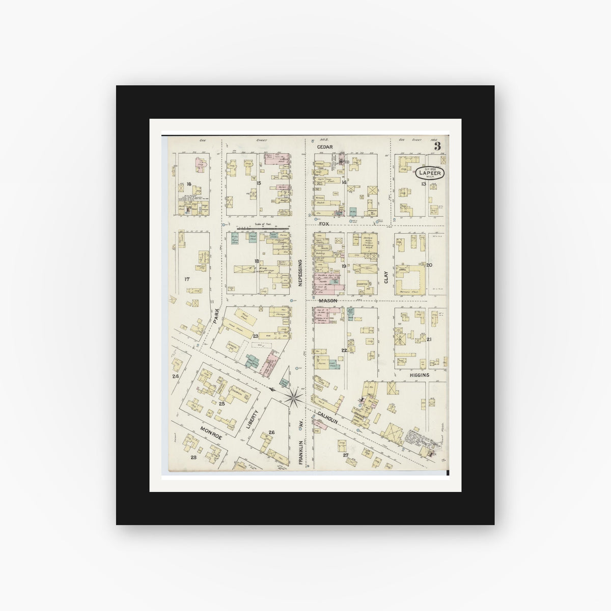 Old map wall art mockup — black gallery frame with white mat — Sanborn Fire Insurance Map from Lapeer, Lapeer County, Michigan (1888), Sheet #0003