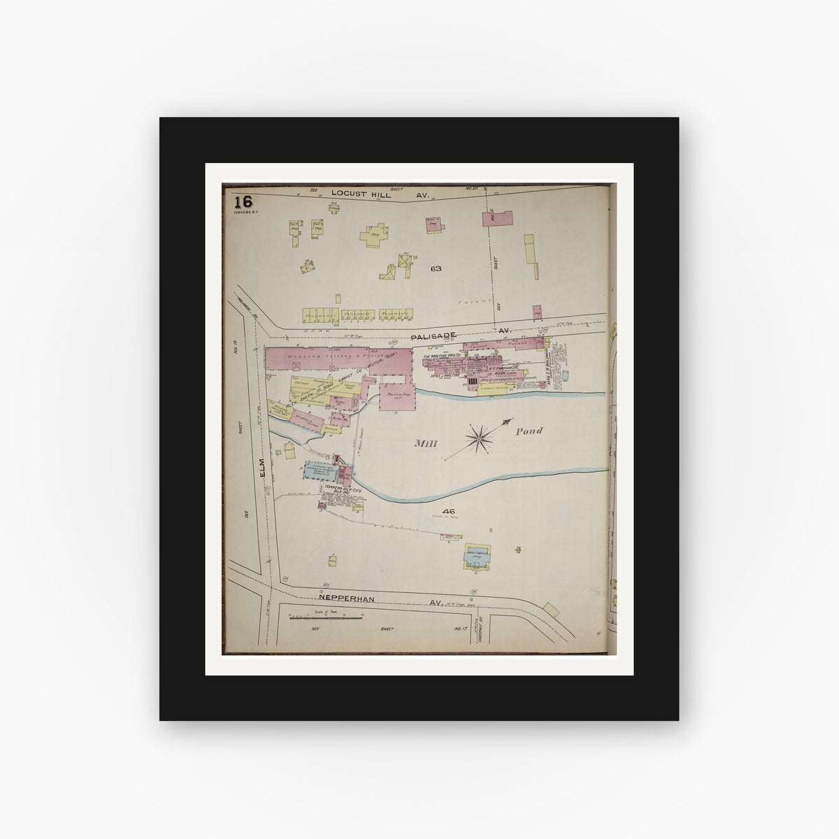 Old map wall art mockup — black gallery frame with white mat — Sanborn Fire Insurance Map from Yonkers, Westchester County, New York (1886), Sheet #0016