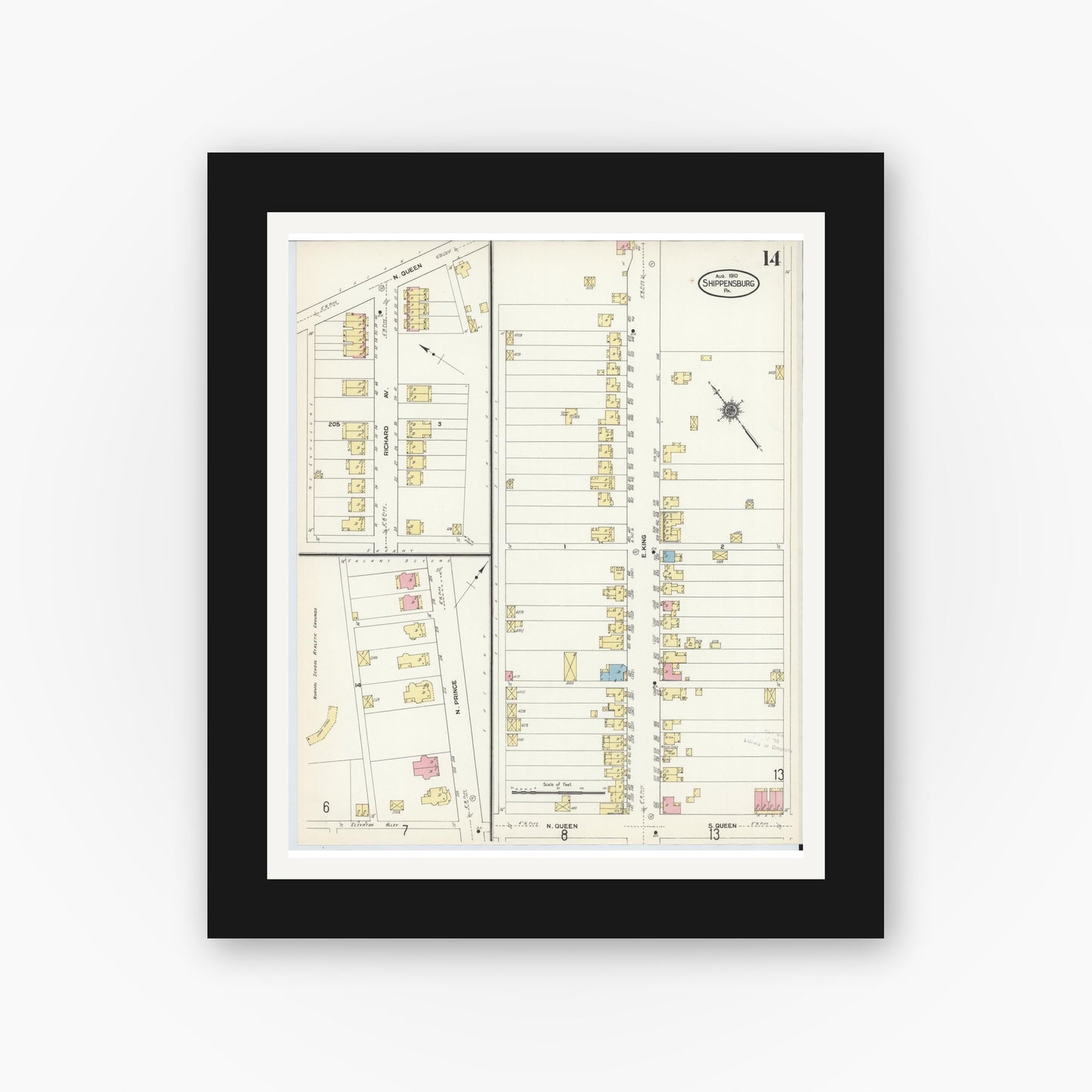 Old map wall art mockup — black gallery frame with white mat — Sanborn Fire Insurance Map from Shippensburg, Cumberland And Franklin Counties, Pennsylvania (1910), Sheet #0014