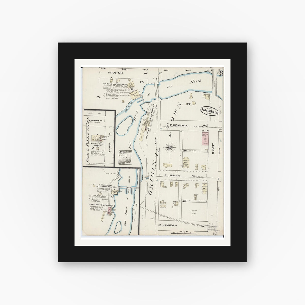 Old map wall art mockup — black gallery frame with white mat — Sanborn Fire Insurance Map from Fergus Falls, Otter Tail County, Minnesota (1884), Sheet #0008