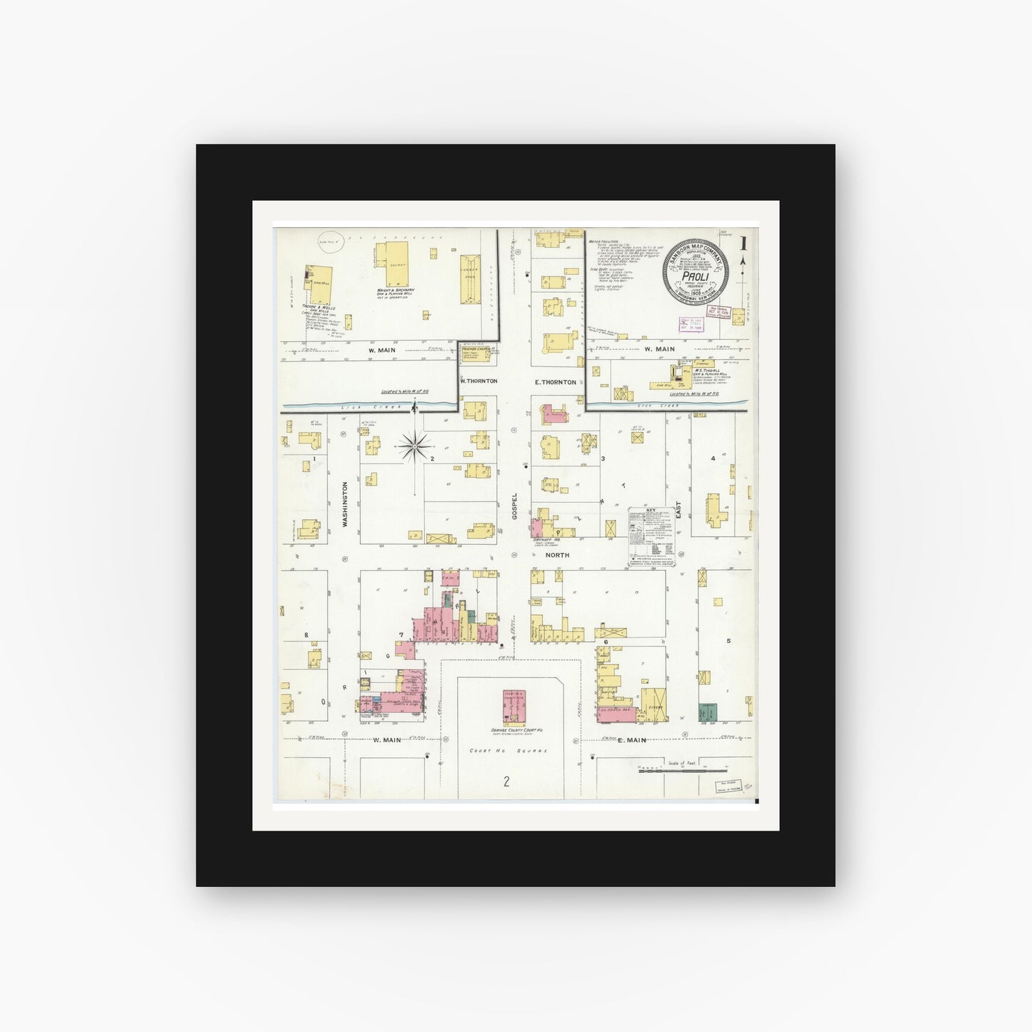 Old map wall art mockup — black gallery frame with white mat — Sanborn Fire Insurance Map from Paoli, Orange County, Indiana (1909) - Complete Map Set