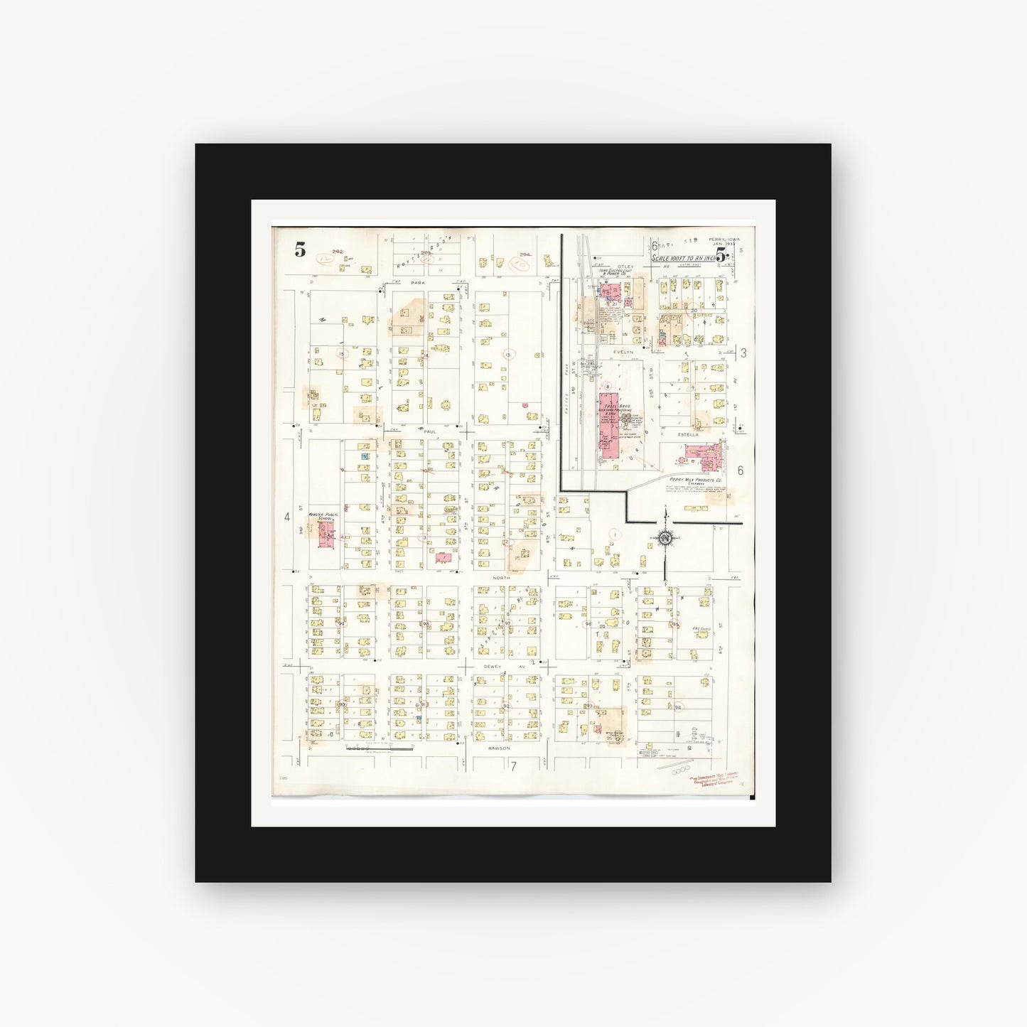 Old map wall art mockup β black gallery frame with white mat β Sanborn Fire Insurance Map from Perry, Dallas County, Iowa (1947), Sheet #0005
