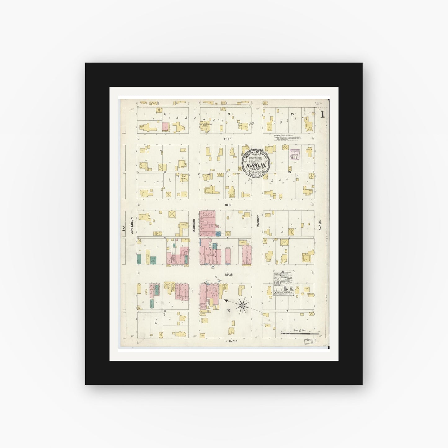 Old map wall art mockup — black gallery frame with white mat — Sanborn Fire Insurance Map from Kirklin, Clinton County, Indiana (1907) - Complete Map Set