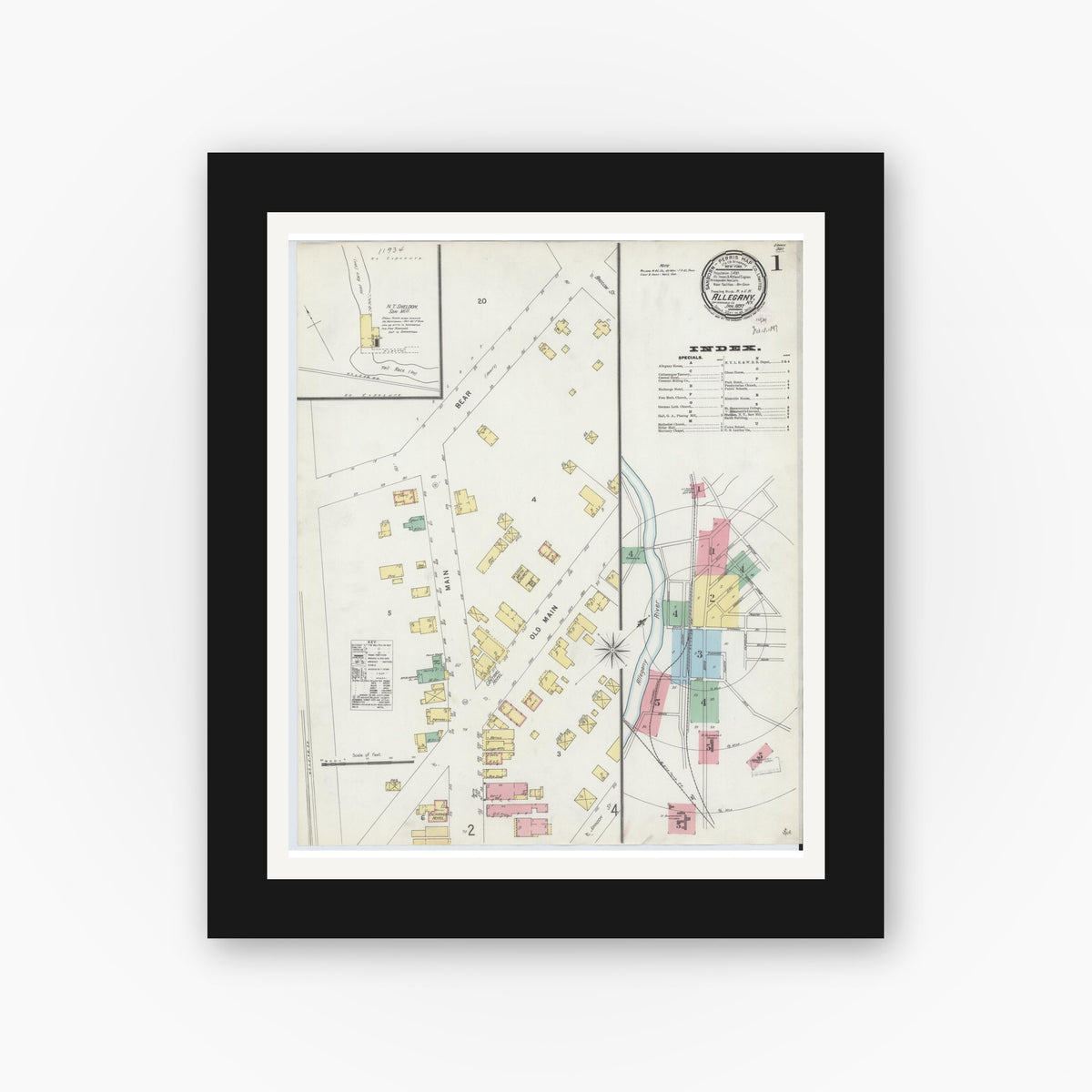 Old map wall art mockup — black gallery frame with white mat — Sanborn Fire Insurance Map from Allegany, Cattaraugus County, New York (1897), Sheet #0001
