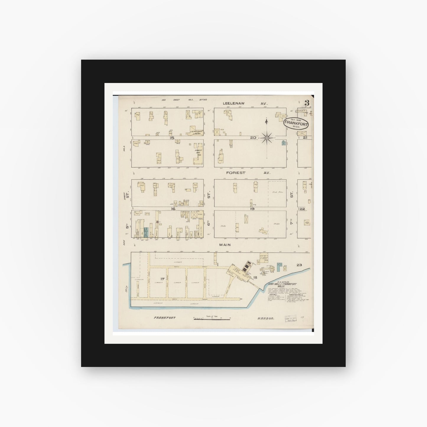 Old map wall art mockup — black gallery frame with white mat — Sanborn Fire Insurance Map from Frankfort, Benzie County, Michigan (1885), Sheet #0003