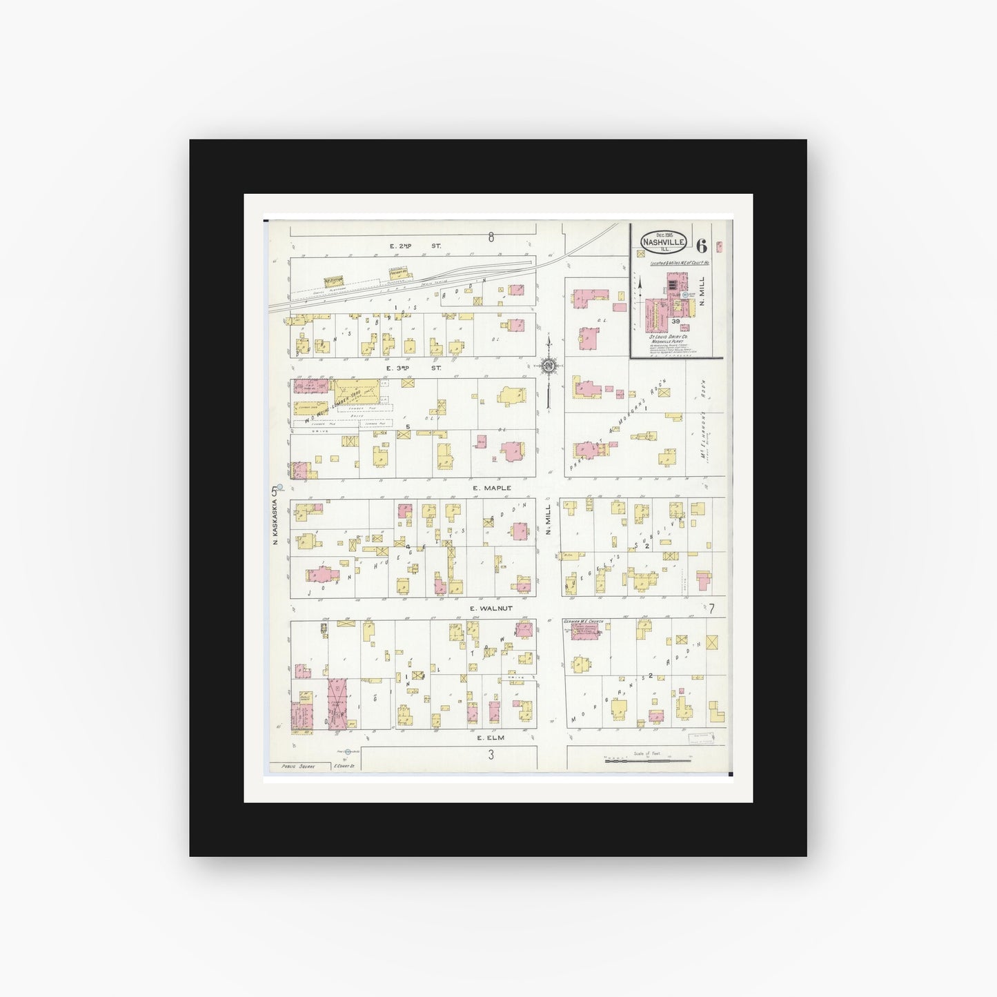 Old map wall art mockup — black gallery frame with white mat — Sanborn Fire Insurance Map from Nashville, Washington County, Illinois (1915), Sheet #0006