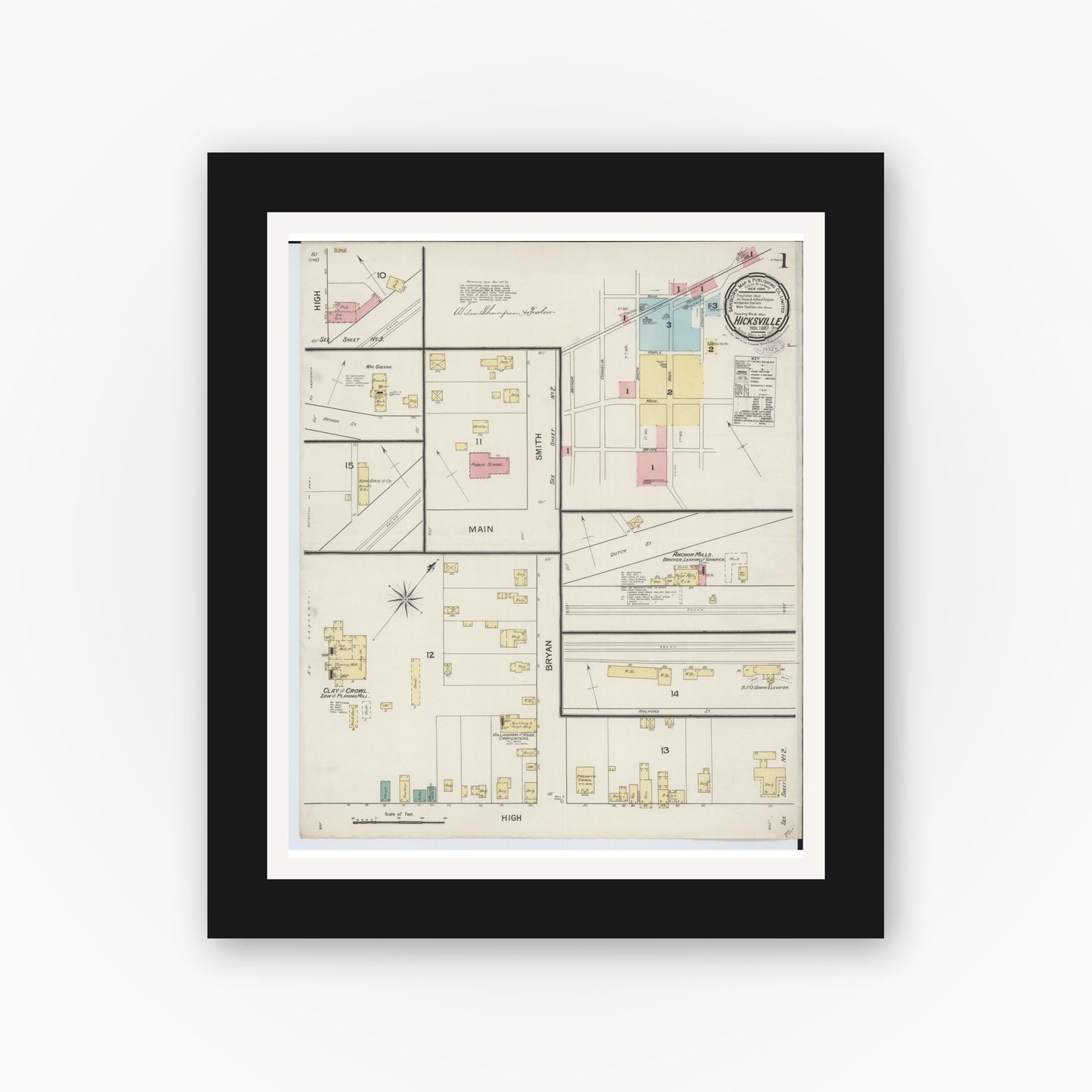 Old map wall art mockup — black gallery frame with white mat — Sanborn Fire Insurance Map from Hicksville, Defiance County, Ohio (1887), Sheet #0001