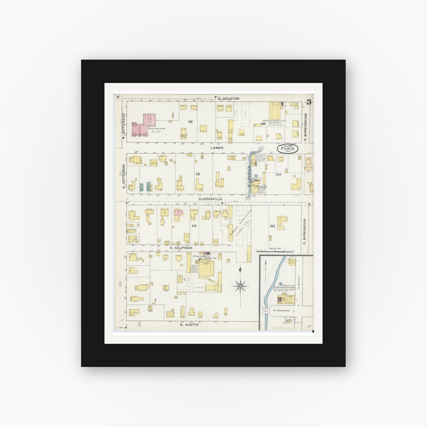 Old map wall art mockup — black gallery frame with white mat — Sanborn Fire Insurance Map from Paris, Lamar County, Texas (1892), Sheet #0003