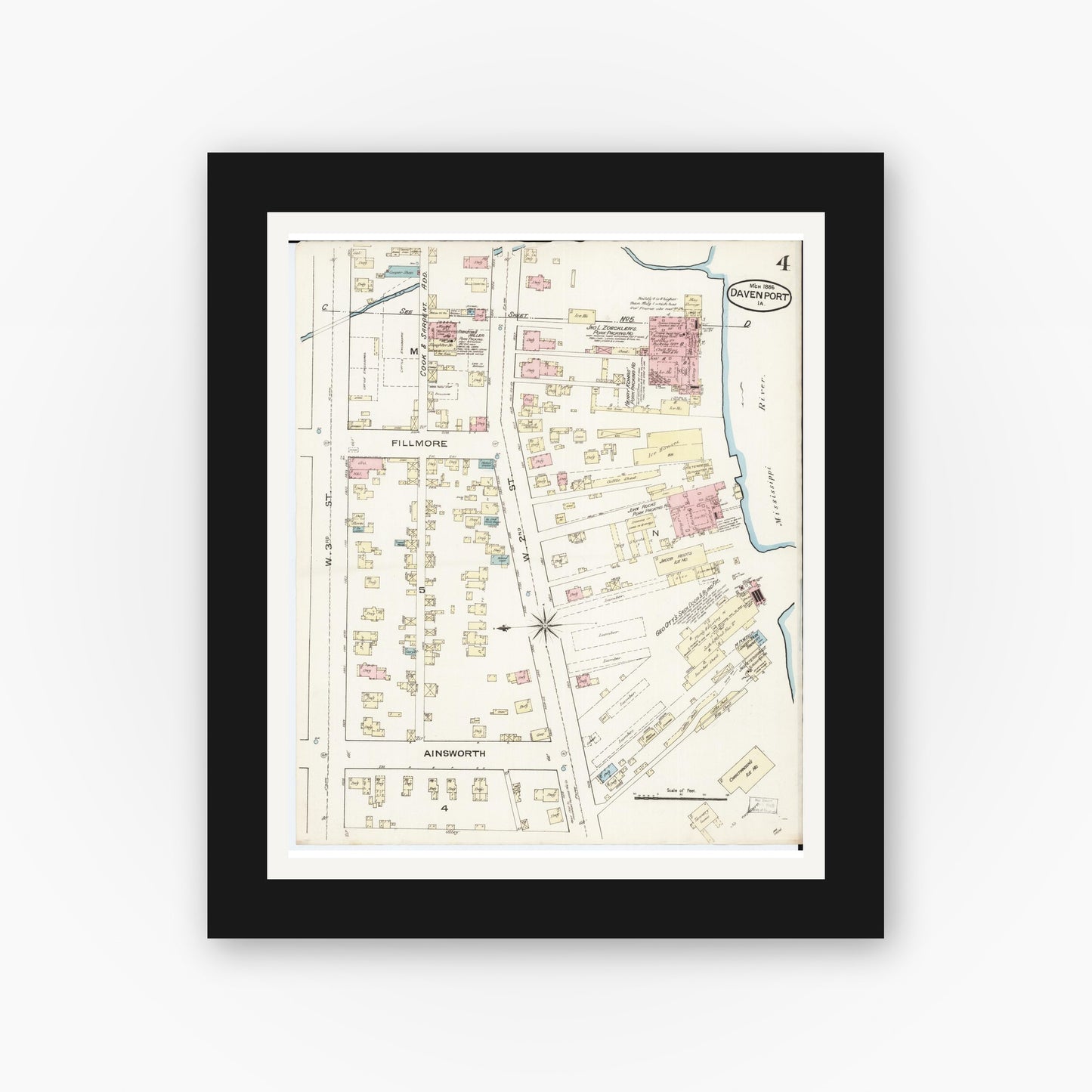 Old map wall art mockup — black gallery frame with white mat — Sanborn Fire Insurance Map from Davenport, Scott County, Iowa (1886), Sheet #0004