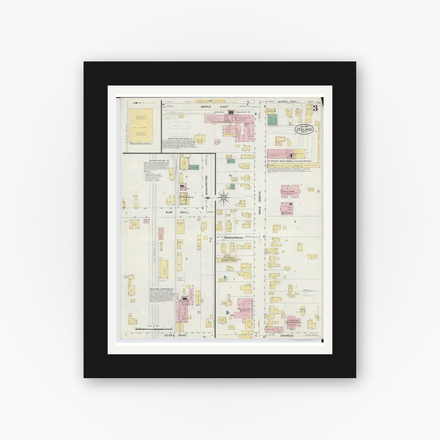 Old map wall art mockup — black gallery frame with white mat — Sanborn Fire Insurance Map from Zeeland, Ottawa County, Michigan (1908), Sheet #0003