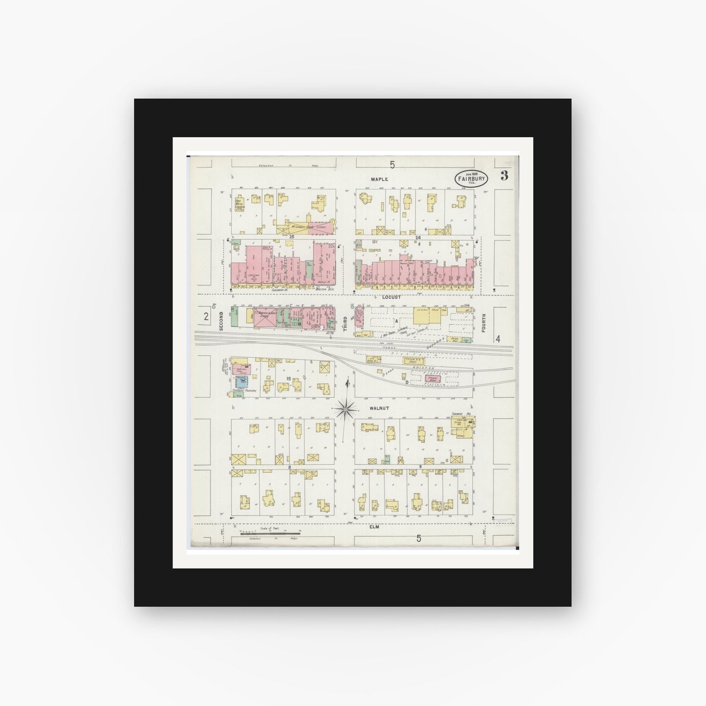 Old map wall art mockup — black gallery frame with white mat — Sanborn Fire Insurance Map from Fairbury, Livingston County, Illinois (1898), Sheet #0003