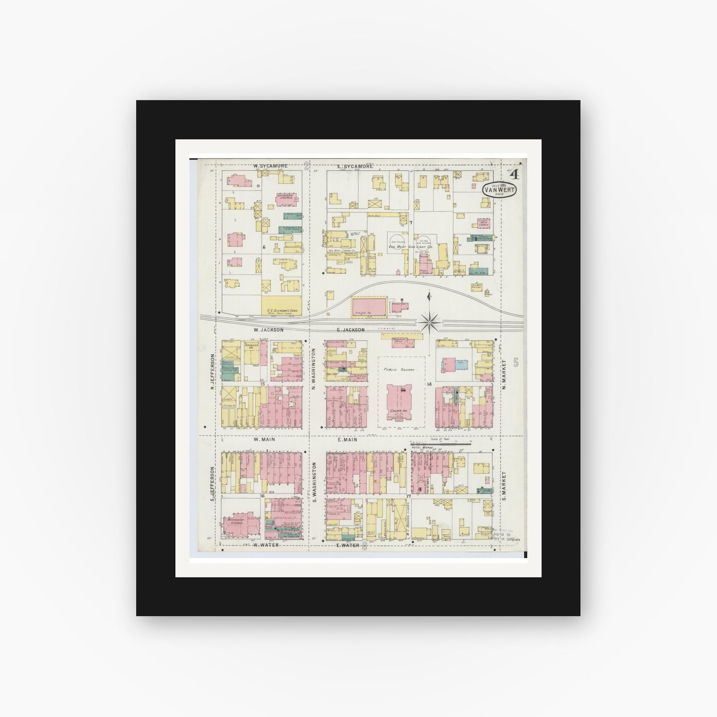 Old map wall art mockup — black gallery frame with white mat — Sanborn Fire Insurance Map from Van Wert, Van Wert County, Ohio (1895), Sheet #0004