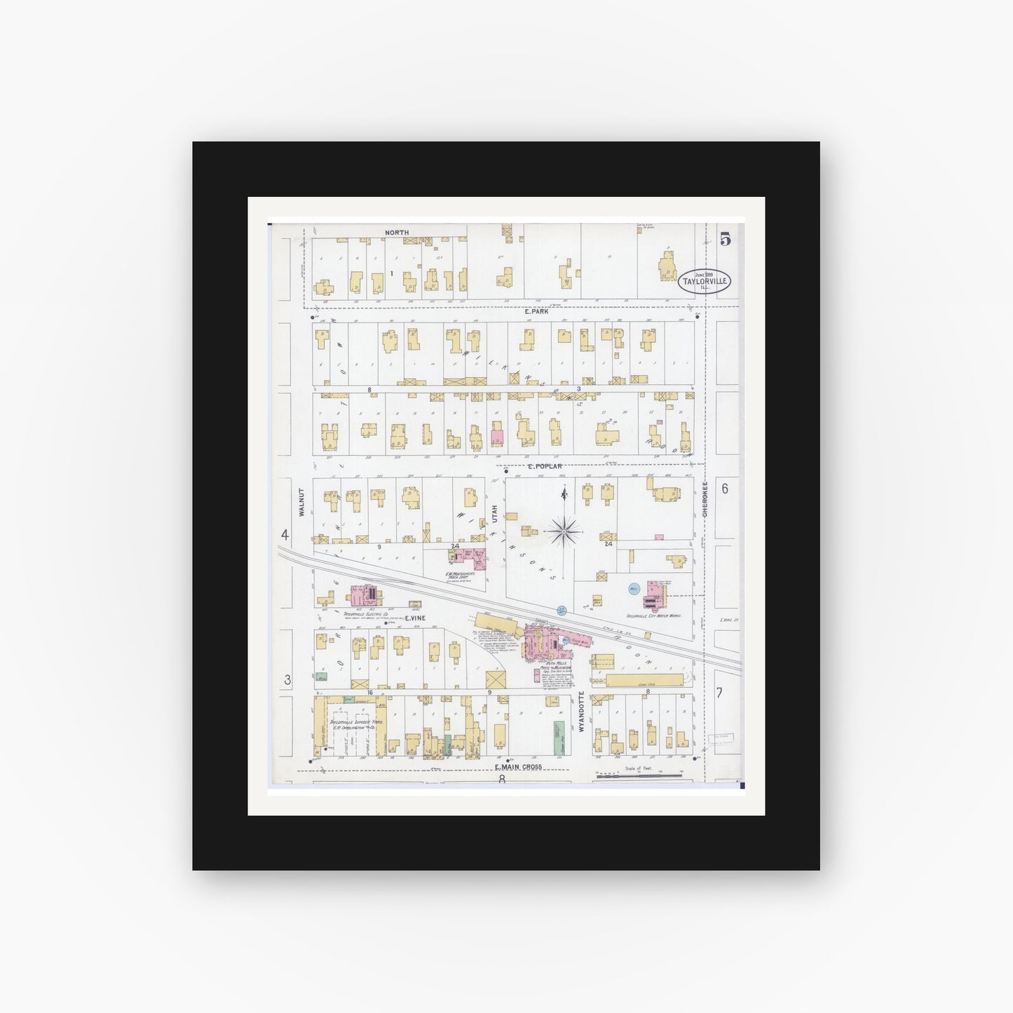 Old map wall art mockup — black gallery frame with white mat — Sanborn Fire Insurance Map from Taylorville, Christian County, Illinois (1899), Sheet #0005