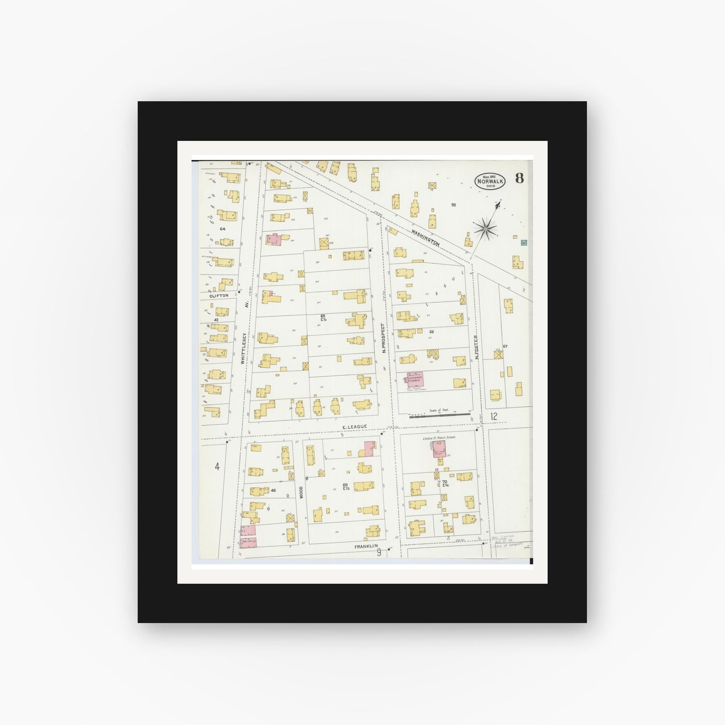 Old map wall art mockup — black gallery frame with white mat — Sanborn Fire Insurance Map from Norwalk, Huron County, Ohio (1906), Sheet #0008