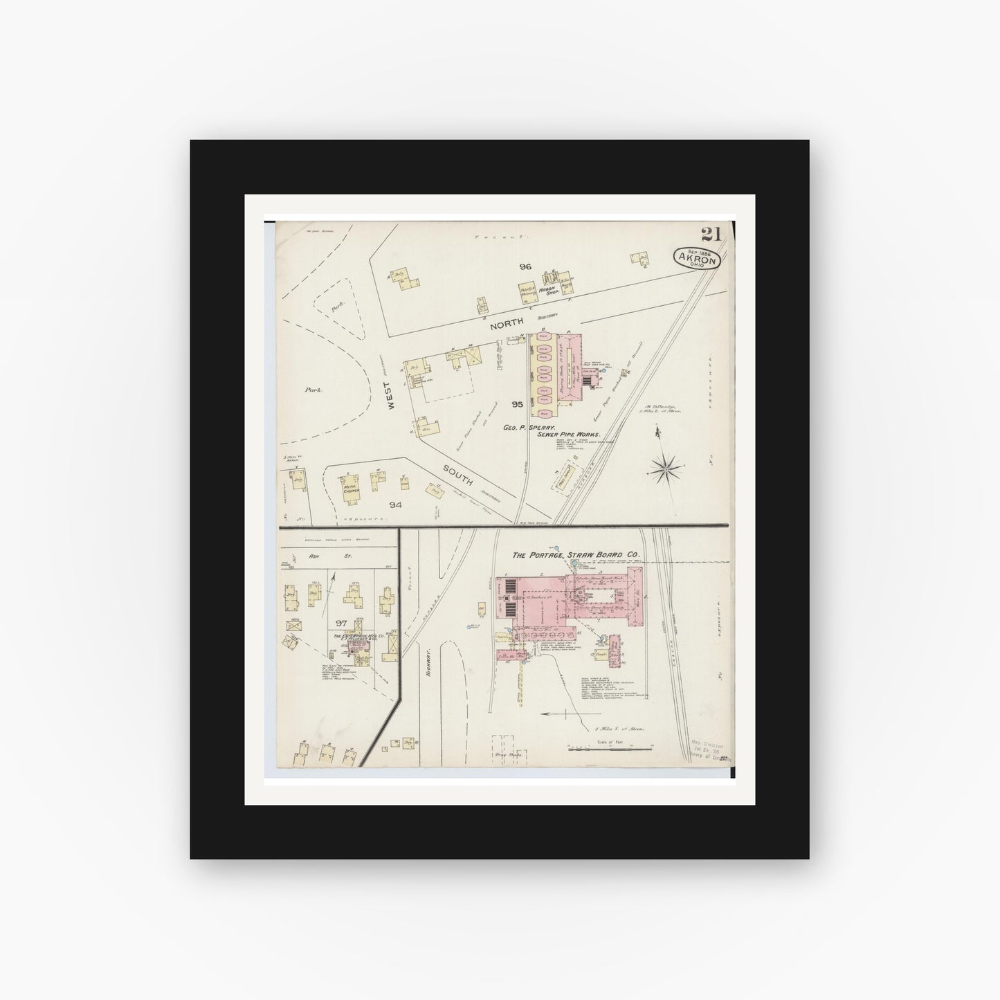 Old map wall art mockup — black gallery frame with white mat — Sanborn Fire Insurance Map from Akron, Summit County, Ohio (1886), Sheet #0021