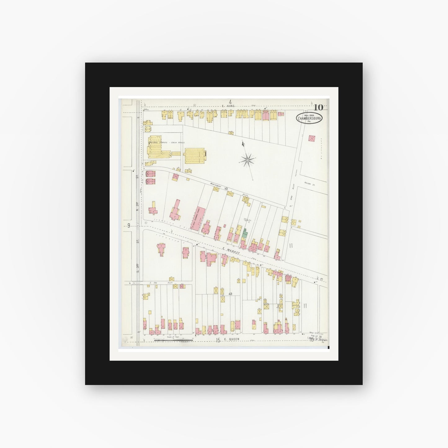 Old map wall art mockup — black gallery frame with white mat — Sanborn Fire Insurance Map from Chambersburg, Franklin County, Pennsylvania (1904), Sheet #0010