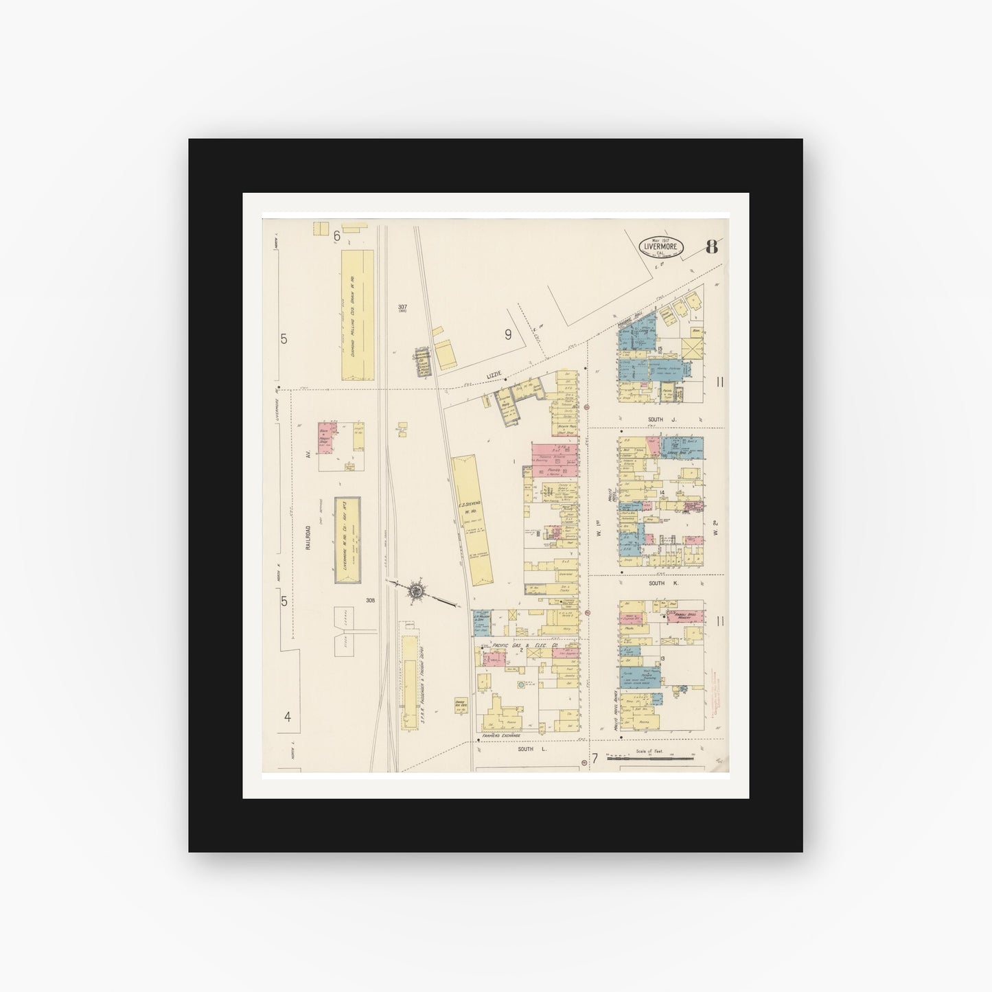 Old map wall art mockup — black gallery frame with white mat — Sanborn Fire Insurance Map from Livermore, Alameda County, California (1917), Sheet #0008