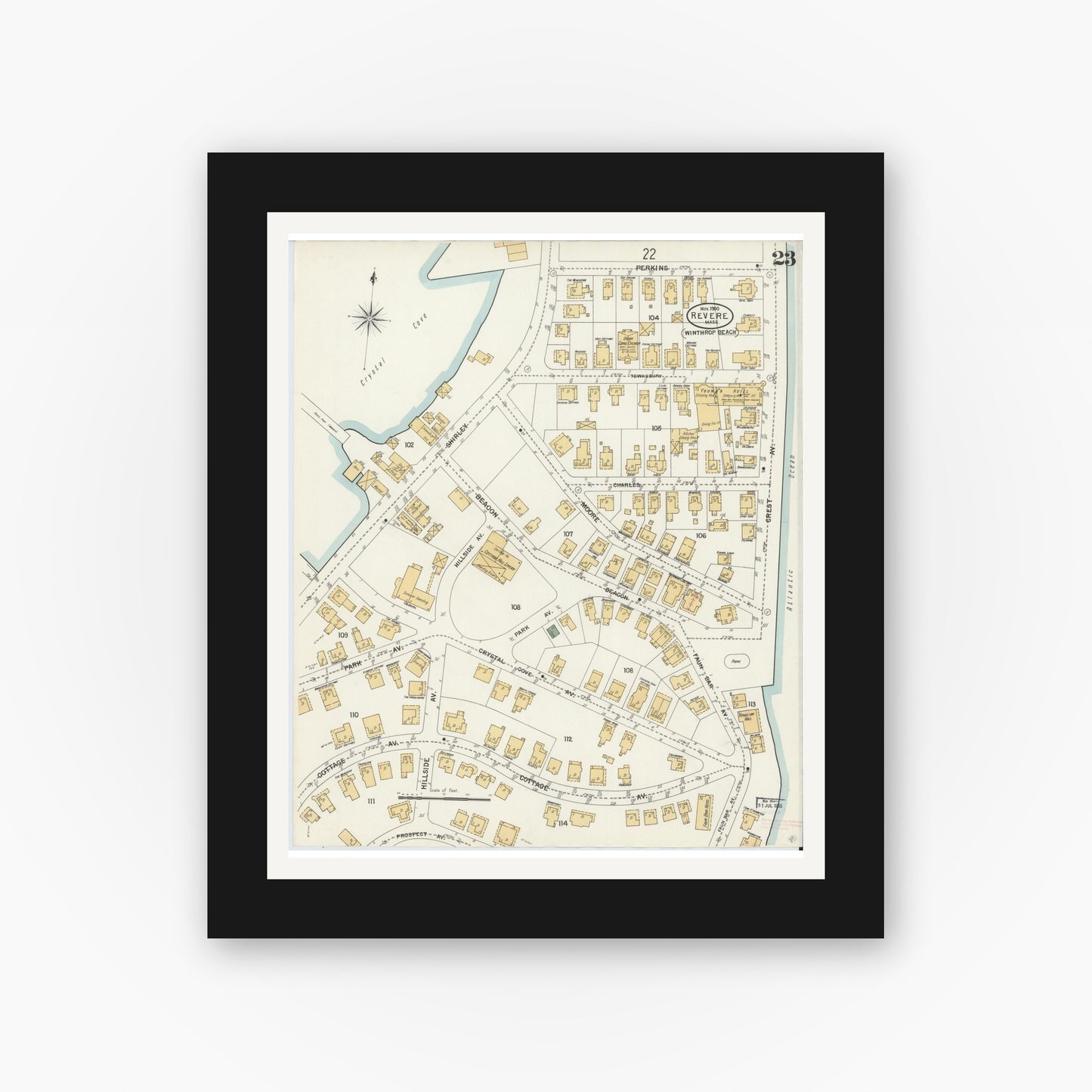 Old map wall art mockup — black gallery frame with white mat — Sanborn Fire Insurance Map from Revere, Suffolk County, Massachusetts (1900), Sheet #0023