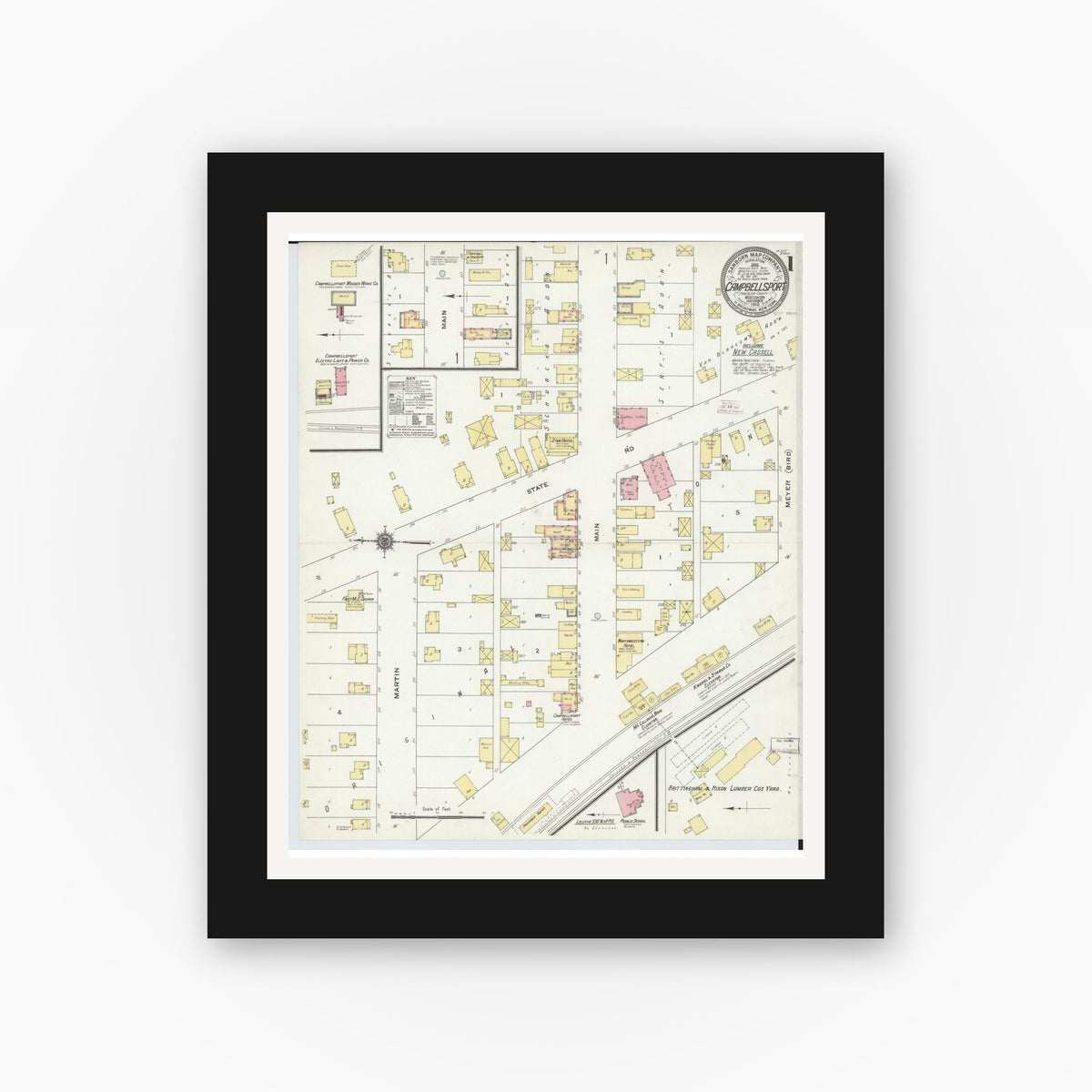 Old map wall art mockup — black gallery frame with white mat — Sanborn Fire Insurance Map from Campbellsport, Fond du Lac County, Wisconsin (1910), Sheet #0001