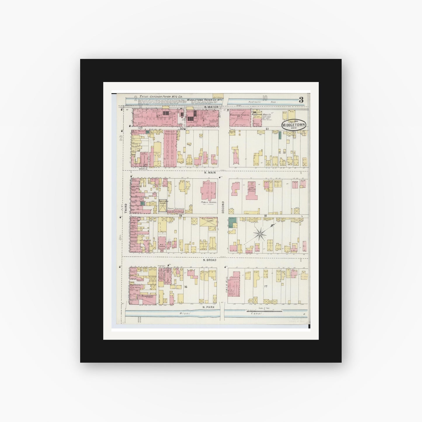 Old map wall art mockup — black gallery frame with white mat — Sanborn Fire Insurance Map from Middletown, Butler County, Ohio (1895), Sheet #0003