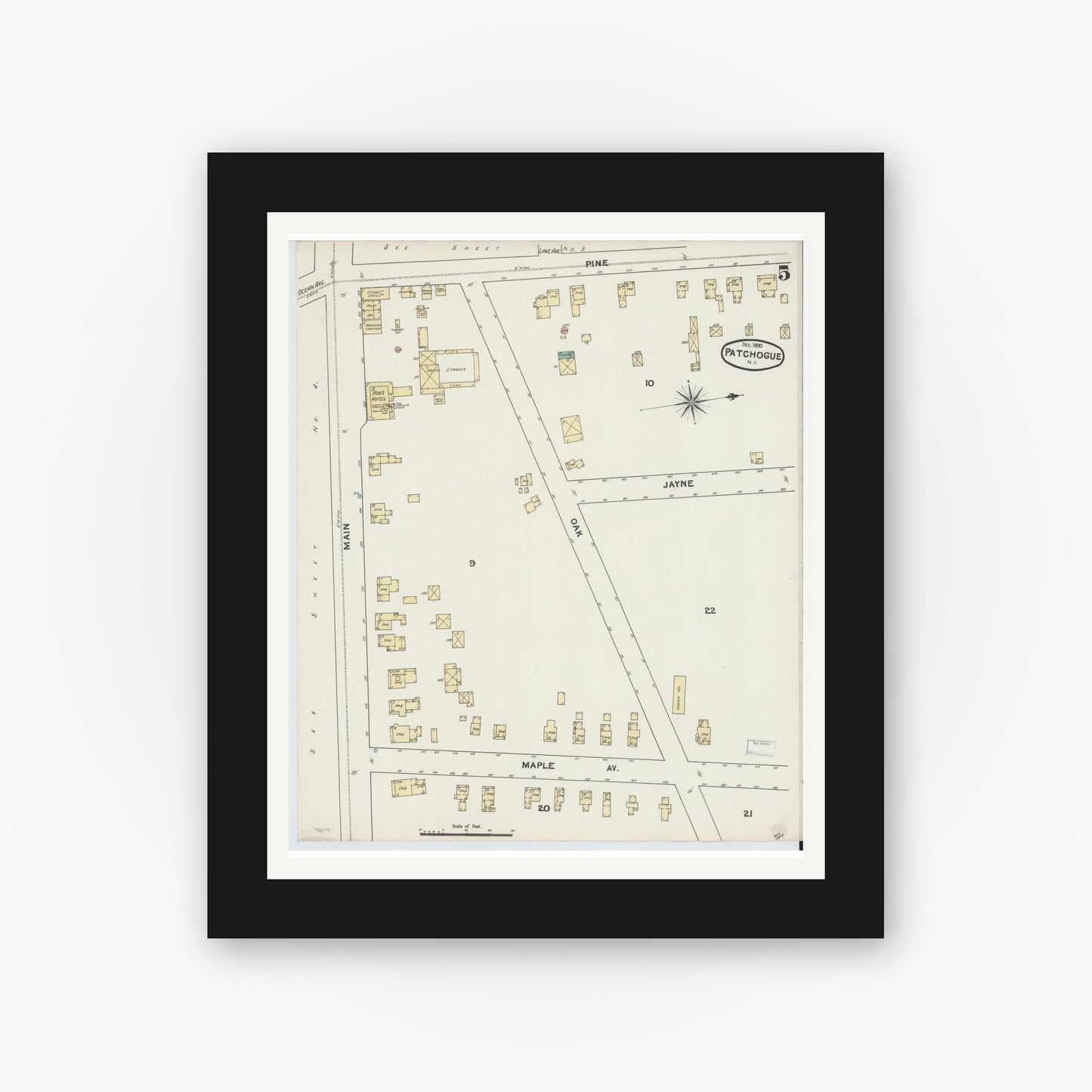 Old map wall art mockup — black gallery frame with white mat — Sanborn Fire Insurance Map from Patchogue, Suffolk County, New York (1891), Sheet #0005