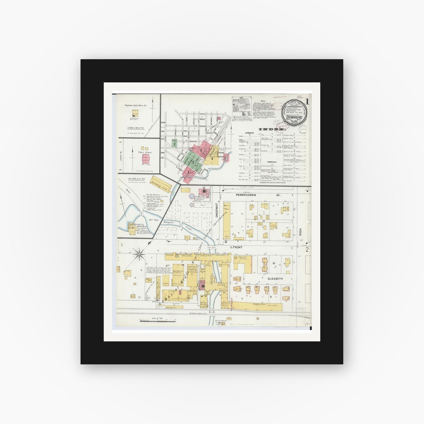 Old map wall art mockup — black gallery frame with white mat — Sanborn Fire Insurance Map from Dowagiac, Cass County, Michigan (1899) - Complete Map Set