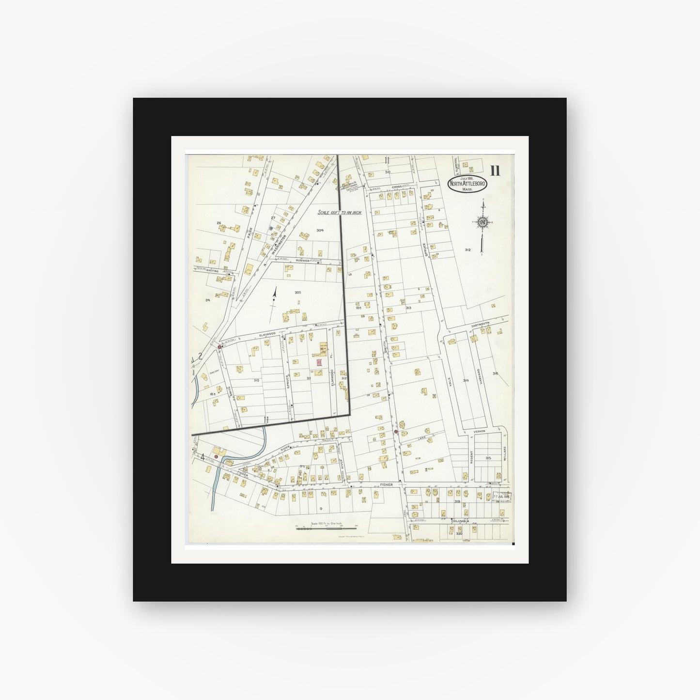 Old map wall art mockup — black gallery frame with white mat — Sanborn Fire Insurance Map from North Attleborough, Bristol County, Massachusetts (1916), Sheet #0011
