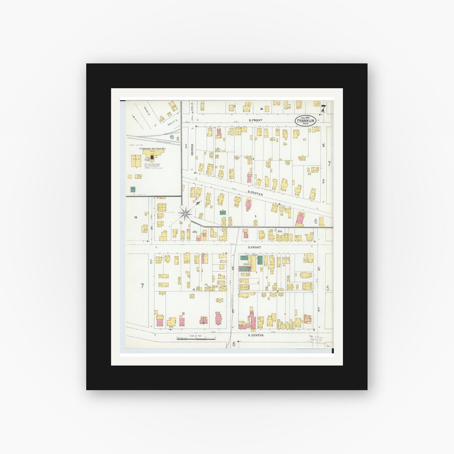 Old map wall art mockup — black gallery frame with white mat — Sanborn Fire Insurance Map from Franklin, Warren County, Ohio (1905), Sheet #0007