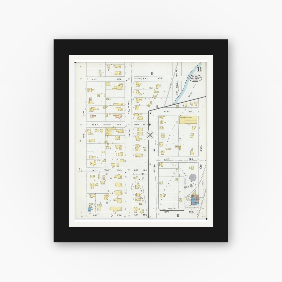 Old map wall art mockup — black gallery frame with white mat — Sanborn Fire Insurance Map from Faribault, Rice County, Minnesota (1905), Sheet #0011