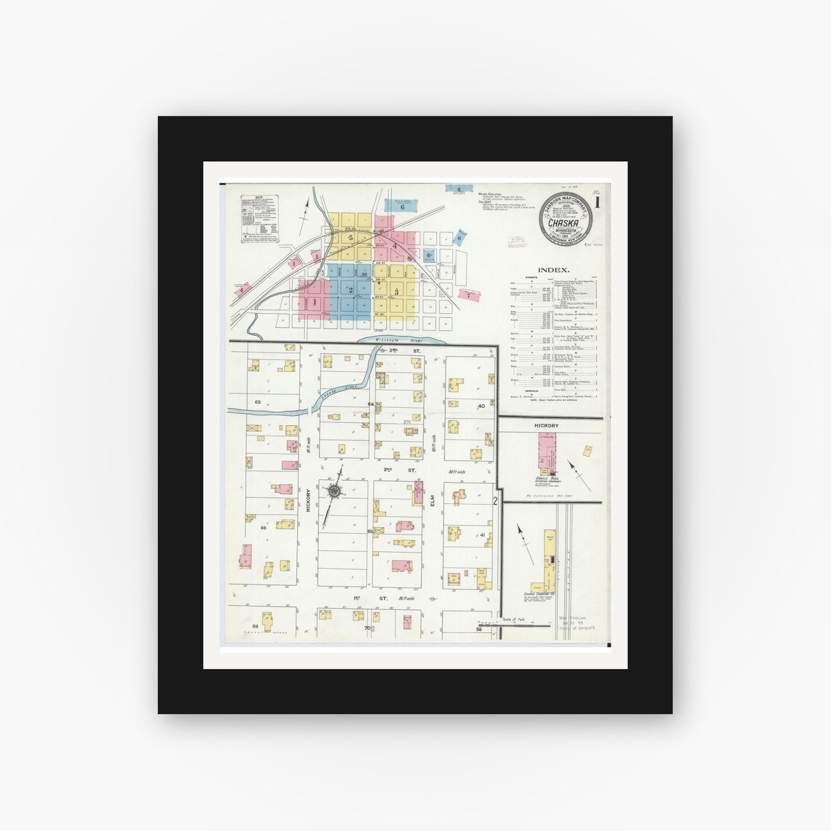 Old map wall art mockup — black gallery frame with white mat — Sanborn Fire Insurance Map from Chaska, Carver County, Minnesota (1911), Sheet #0001