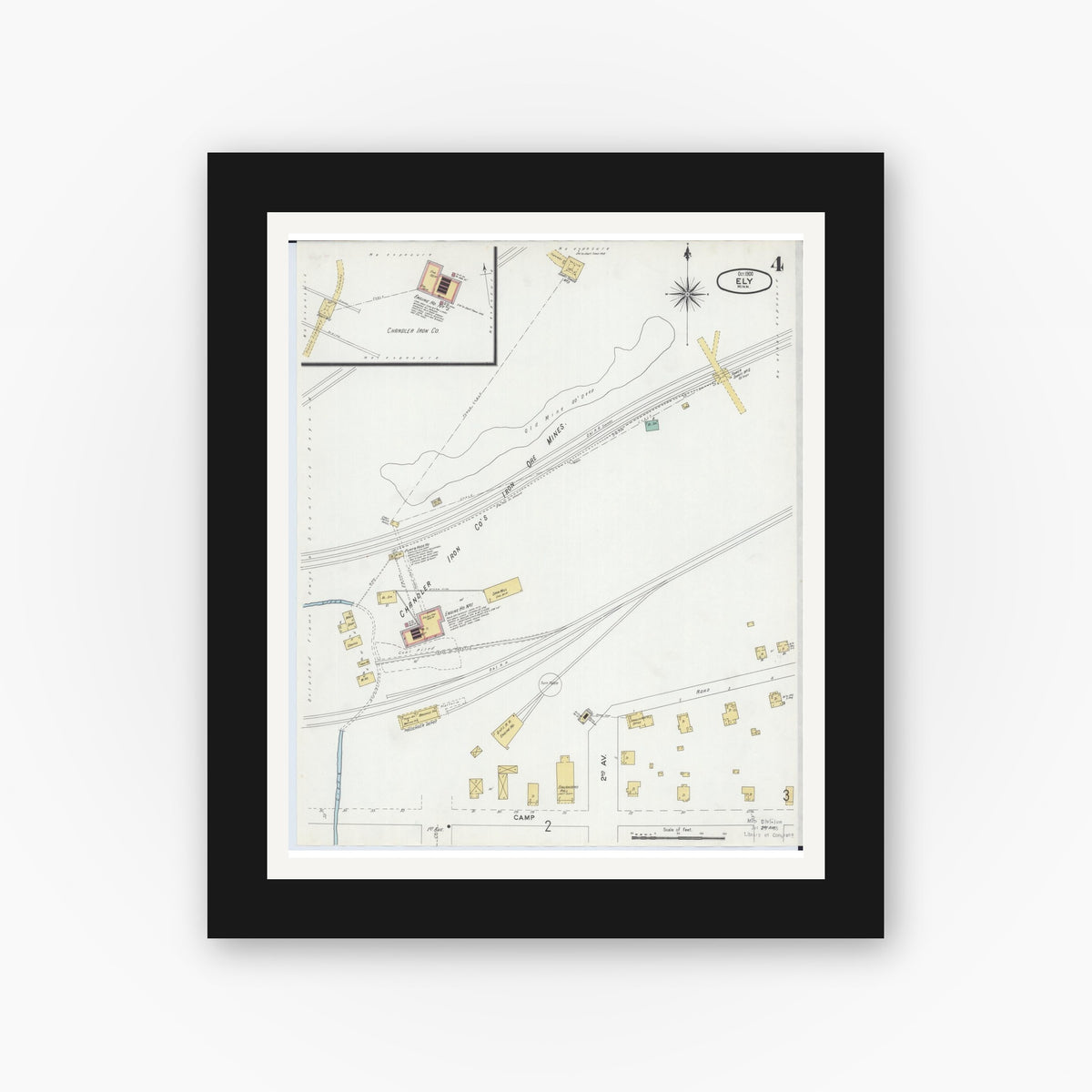 Old map wall art mockup — black gallery frame with white mat — Sanborn Fire Insurance Map from Ely, Saint Louis County, Minnesota (1900), Sheet #0004