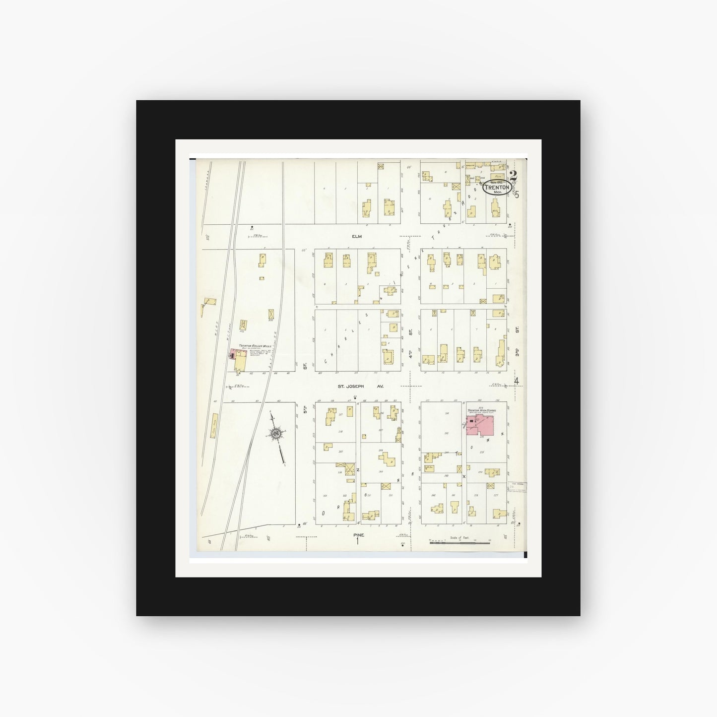 Old map wall art mockup — black gallery frame with white mat — Sanborn Fire Insurance Map from Trenton, Wayne County, Michigan (1912), Sheet #0002