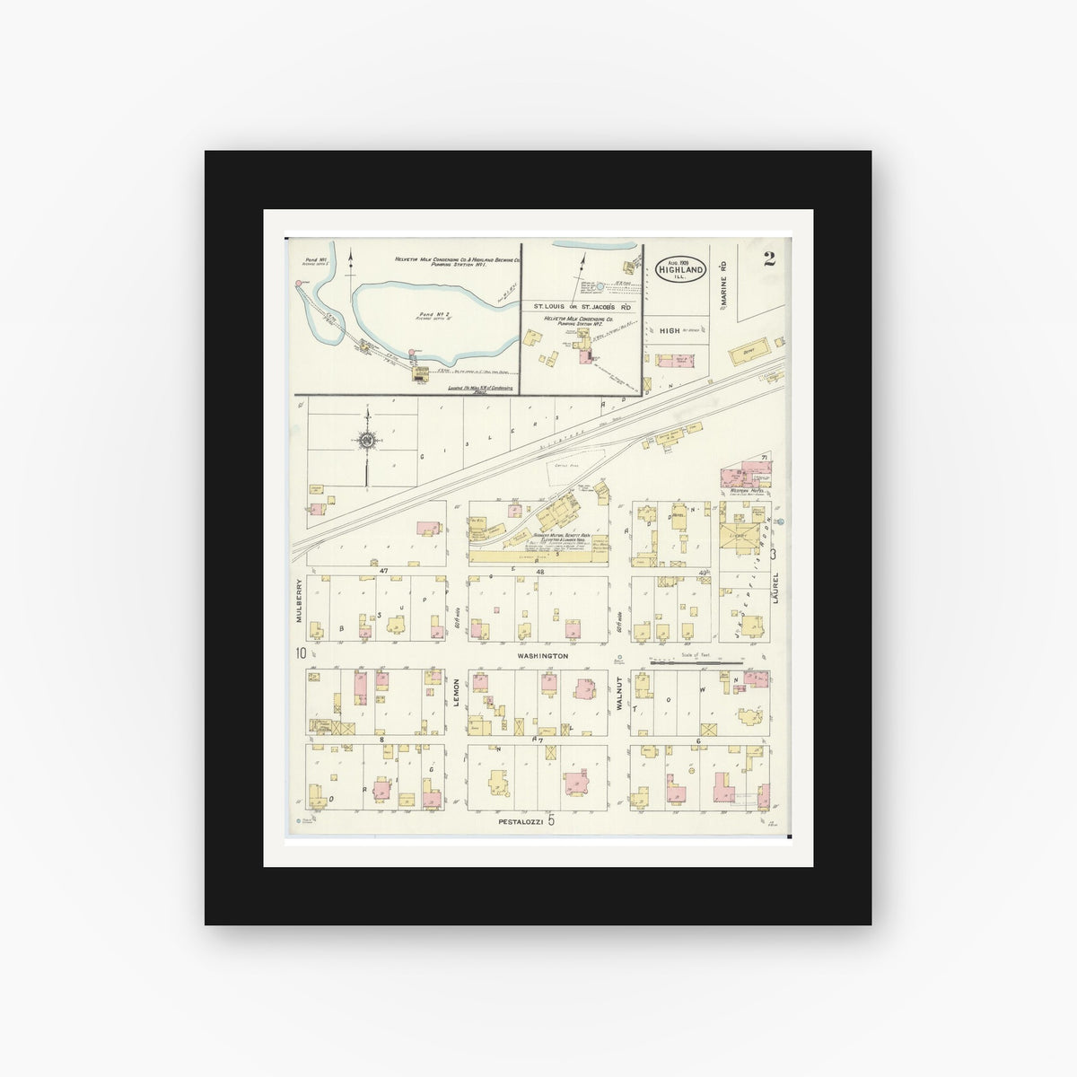 Old map wall art mockup — black gallery frame with white mat — Sanborn Fire Insurance Map from Highland, Madison County, Illinois (1908), Sheet #0002