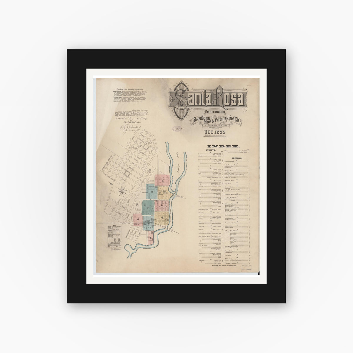 Old map wall art mockup — black gallery frame with white mat — Sanborn Fire Insurance Map from Santa Rosa, Sonoma County, California (1885) - Complete Map Set