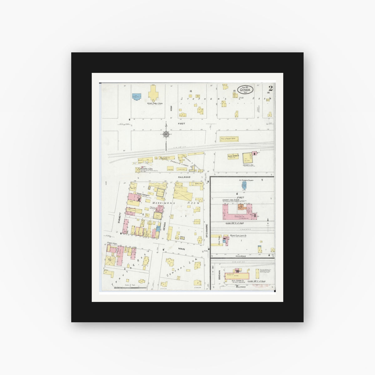 Old map wall art mockup — black gallery frame with white mat — Sanborn Fire Insurance Map from Genoa, De Kalb County, Illinois (1912), Sheet #0002