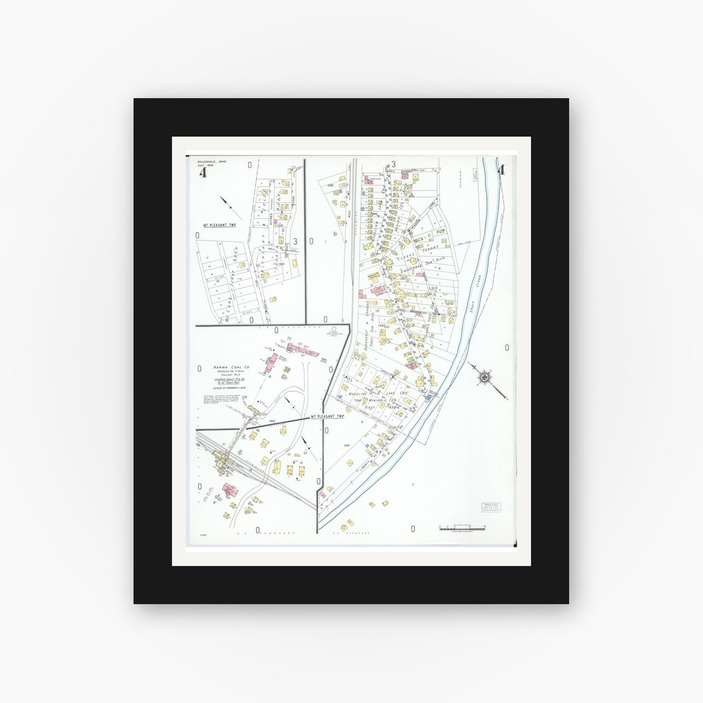Old map wall art mockup — black gallery frame with white mat — Sanborn Fire Insurance Map from Dillonvale, Jefferson County, Ohio (1950), Sheet #0004