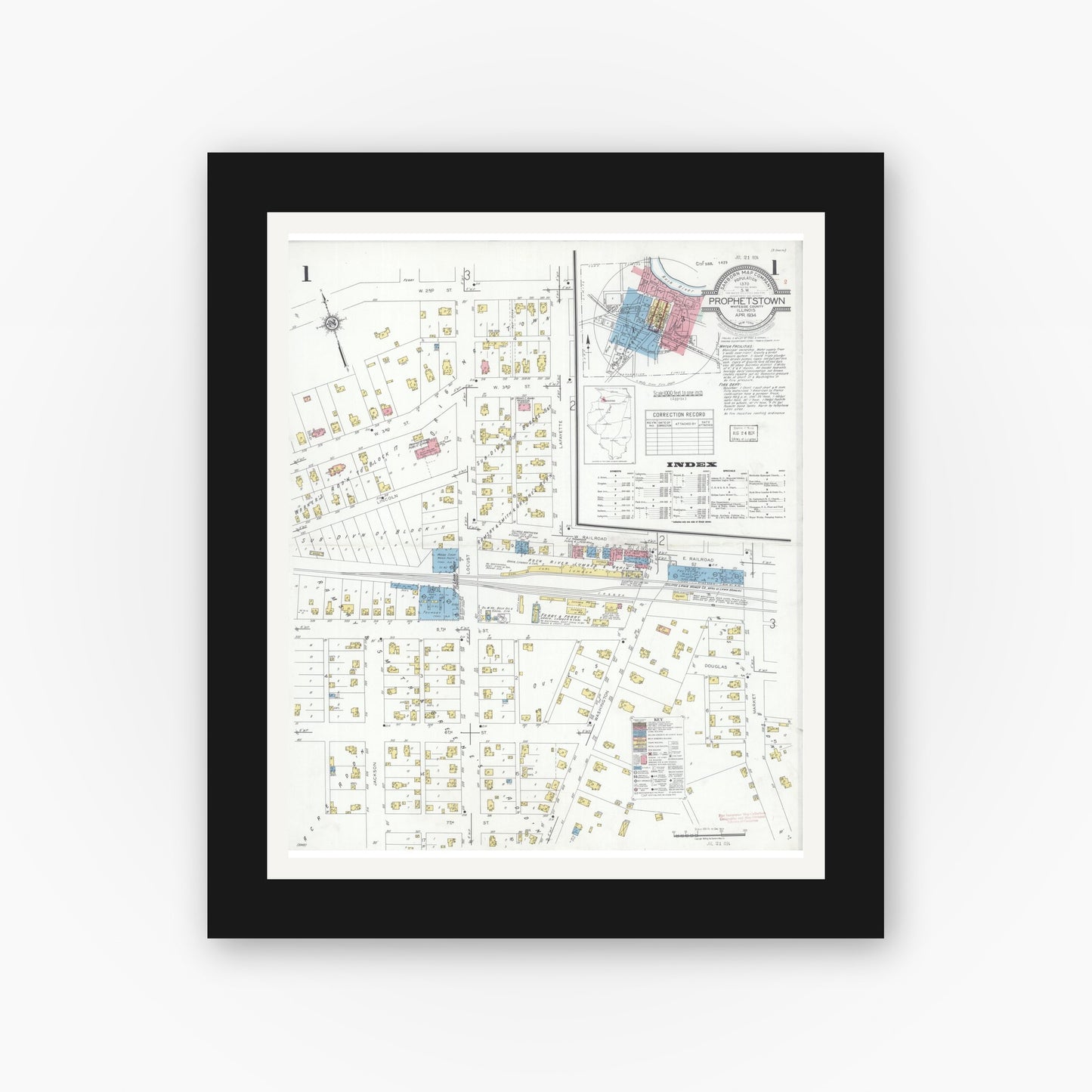 Old map wall art mockup — black gallery frame with white mat — Sanborn Fire Insurance Map from Prophetstown, Whiteside County, Illinois (1934) - Complete Map Set