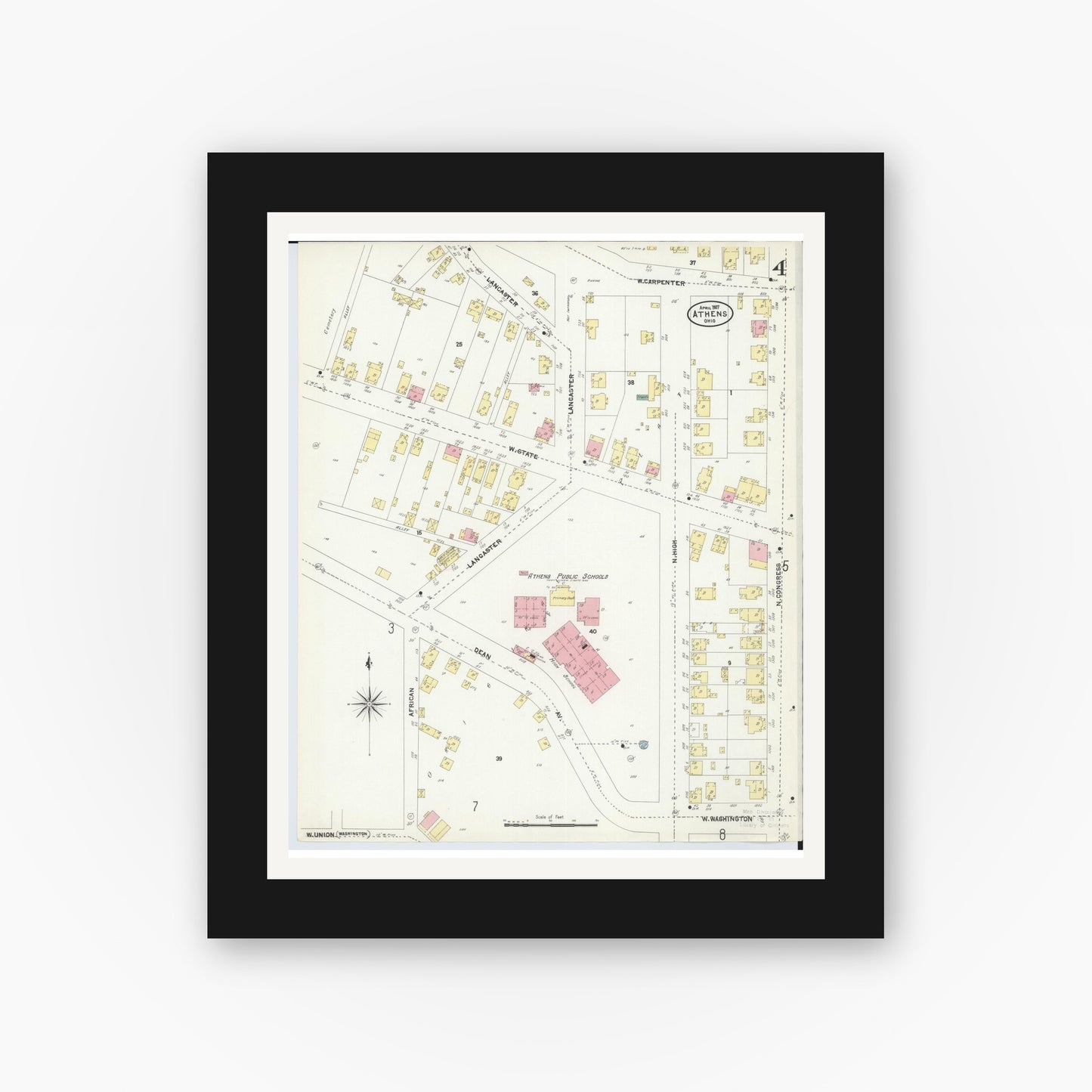 Old map wall art mockup — black gallery frame with white mat — Sanborn Fire Insurance Map from Athens, Athens County, Ohio (1907), Sheet #0004