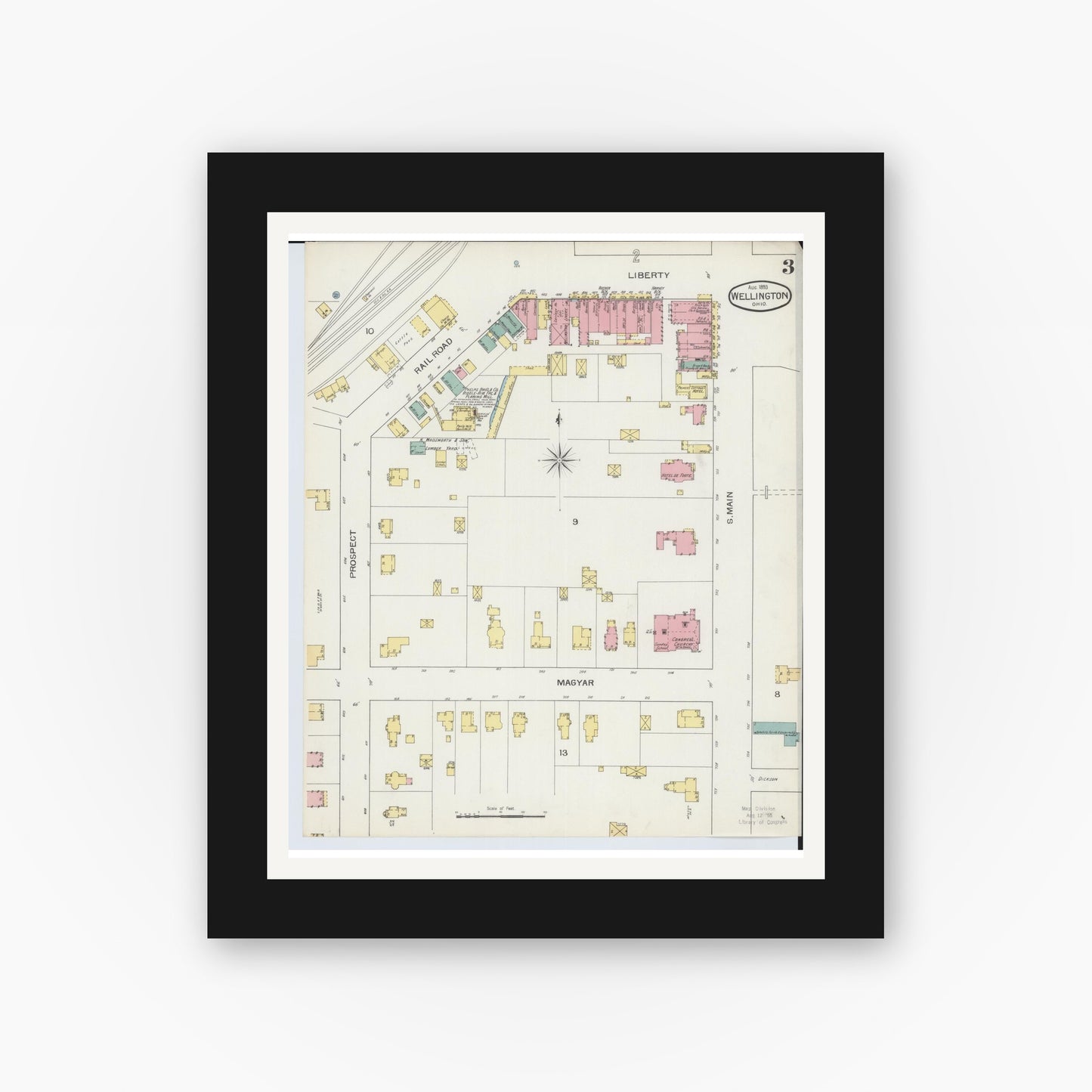 Old map wall art mockup — black gallery frame with white mat — Sanborn Fire Insurance Map from Wellington, Lorain County, Ohio (1893), Sheet #0003