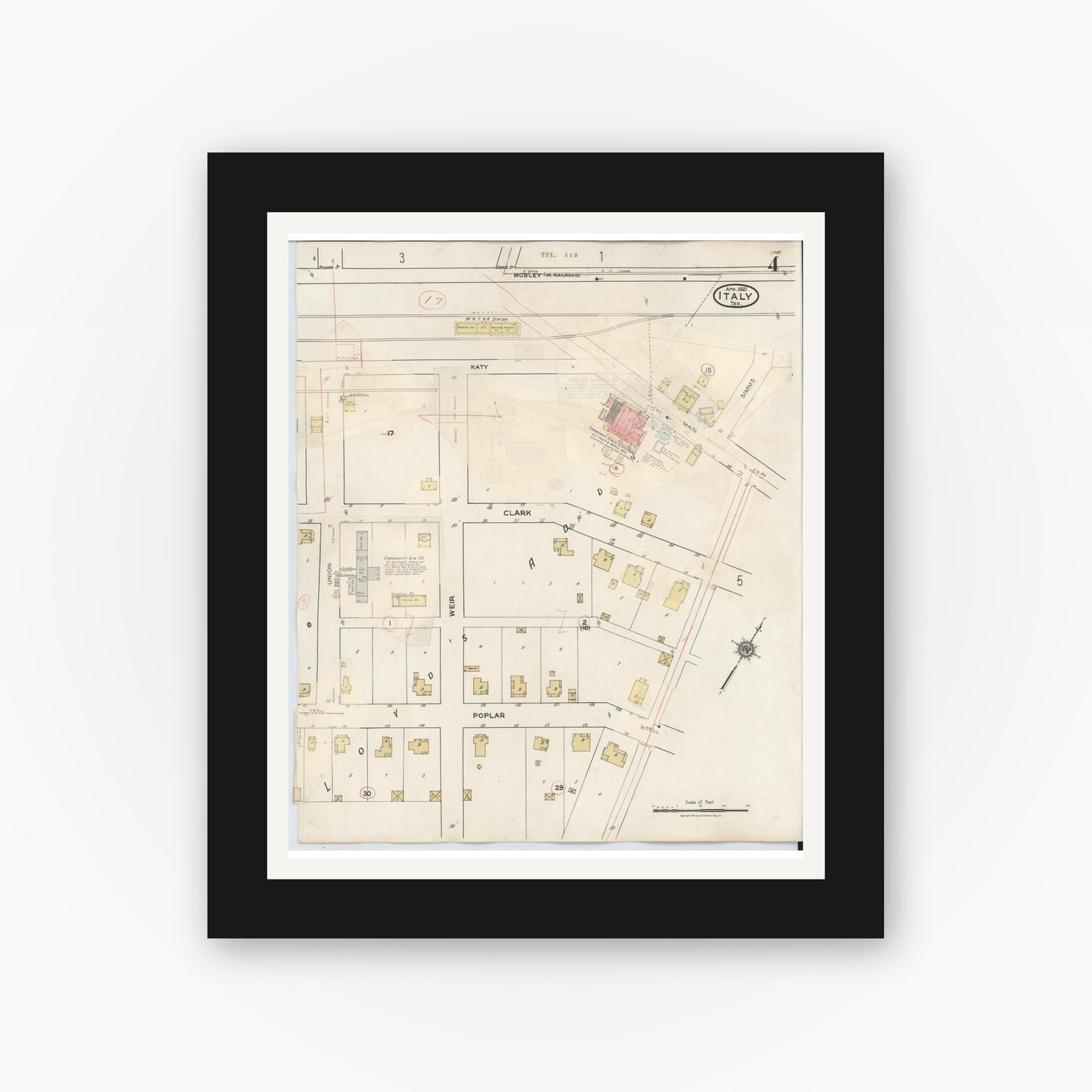 Old map wall art mockup — black gallery frame with white mat — Sanborn Fire Insurance Map from Italy, Ellis County, Texas (1944), Sheet #0004