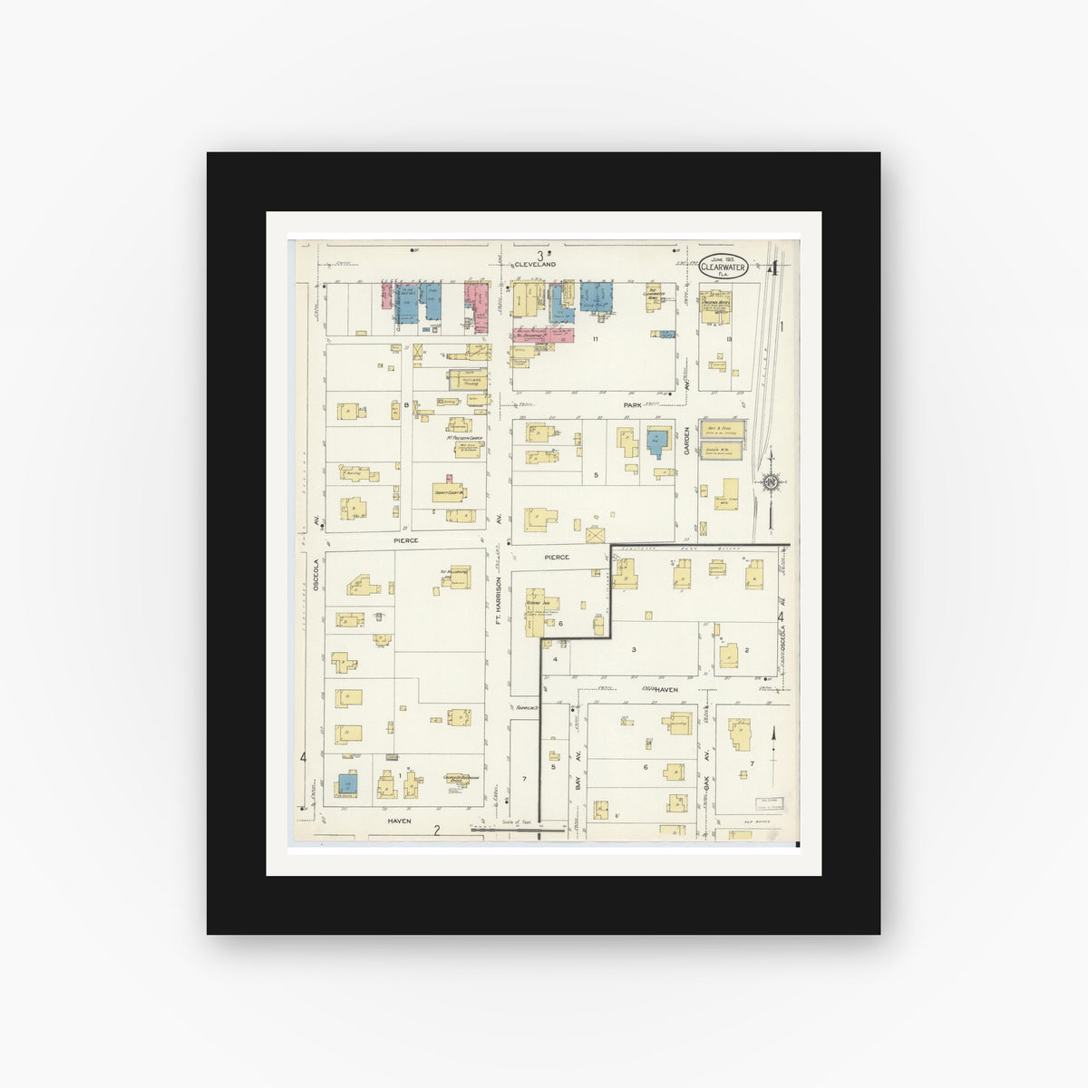 Old map wall art mockup — black gallery frame with white mat — Sanborn Fire Insurance Map from Clearwater, Pinellas County, Florida (1913), Sheet #0004