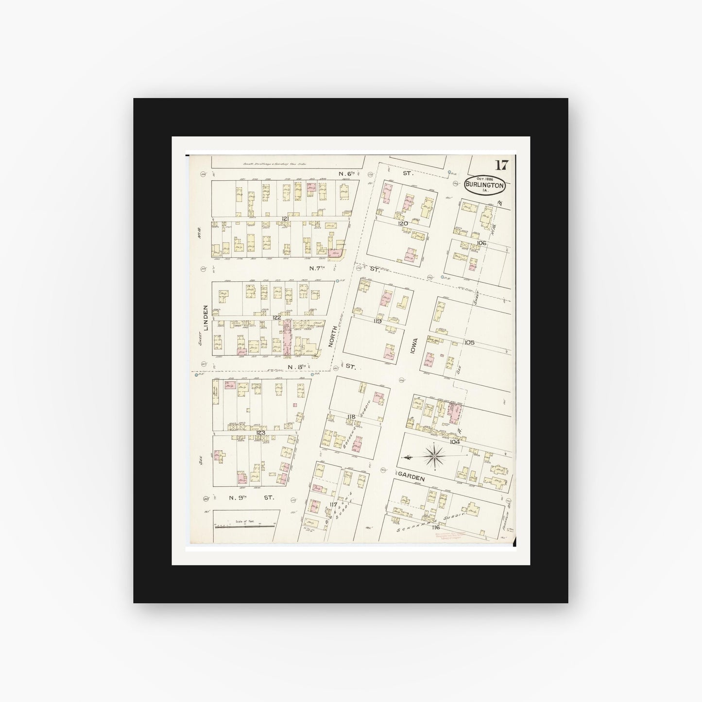 Old map wall art mockup — black gallery frame with white mat — Sanborn Fire Insurance Map from Burlington, Des Moines County, Iowa (1888), Sheet #0017