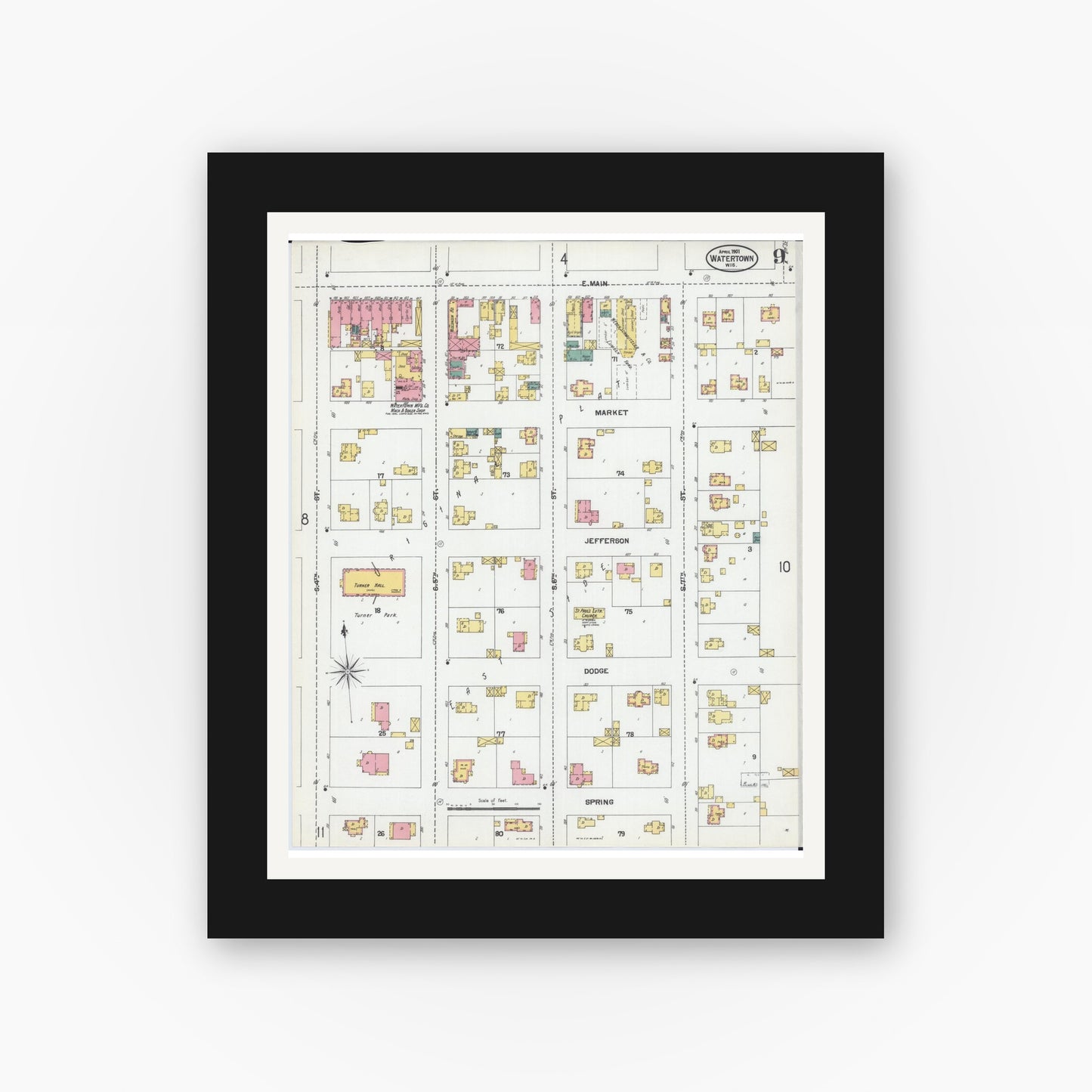 Old map wall art mockup — black gallery frame with white mat — Sanborn Fire Insurance Map from Watertown, Jefferson County, Wisconsin (1901), Sheet #0009