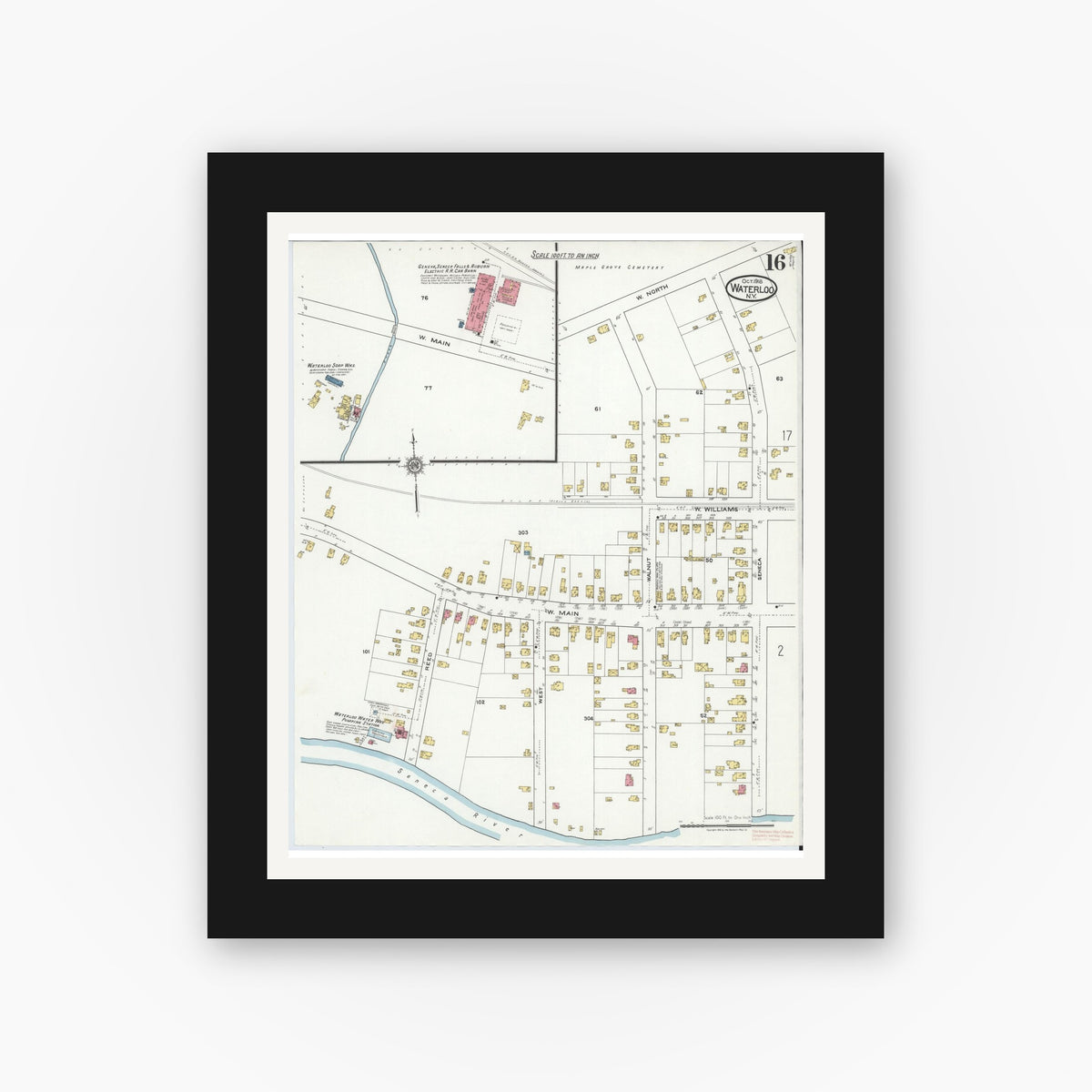 Old map wall art mockup — black gallery frame with white mat — Sanborn Fire Insurance Map from Waterloo, Seneca County, New York (1918), Sheet #0016