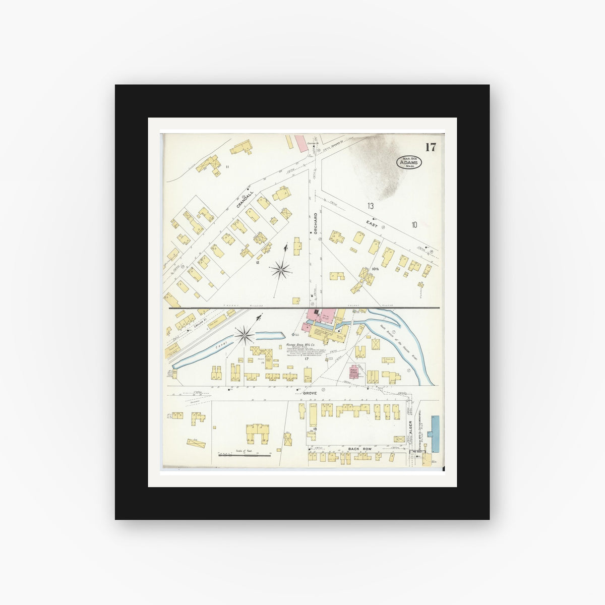 Old map wall art mockup — black gallery frame with white mat — Sanborn Fire Insurance Map from Adams, Berkshire County, Massachusetts (1908), Sheet #0017