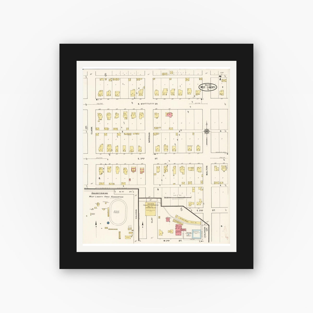 Old map wall art mockup — black gallery frame with white mat — Sanborn Fire Insurance Map from West Liberty, Muscatine County, Iowa (1922), Sheet #0007
