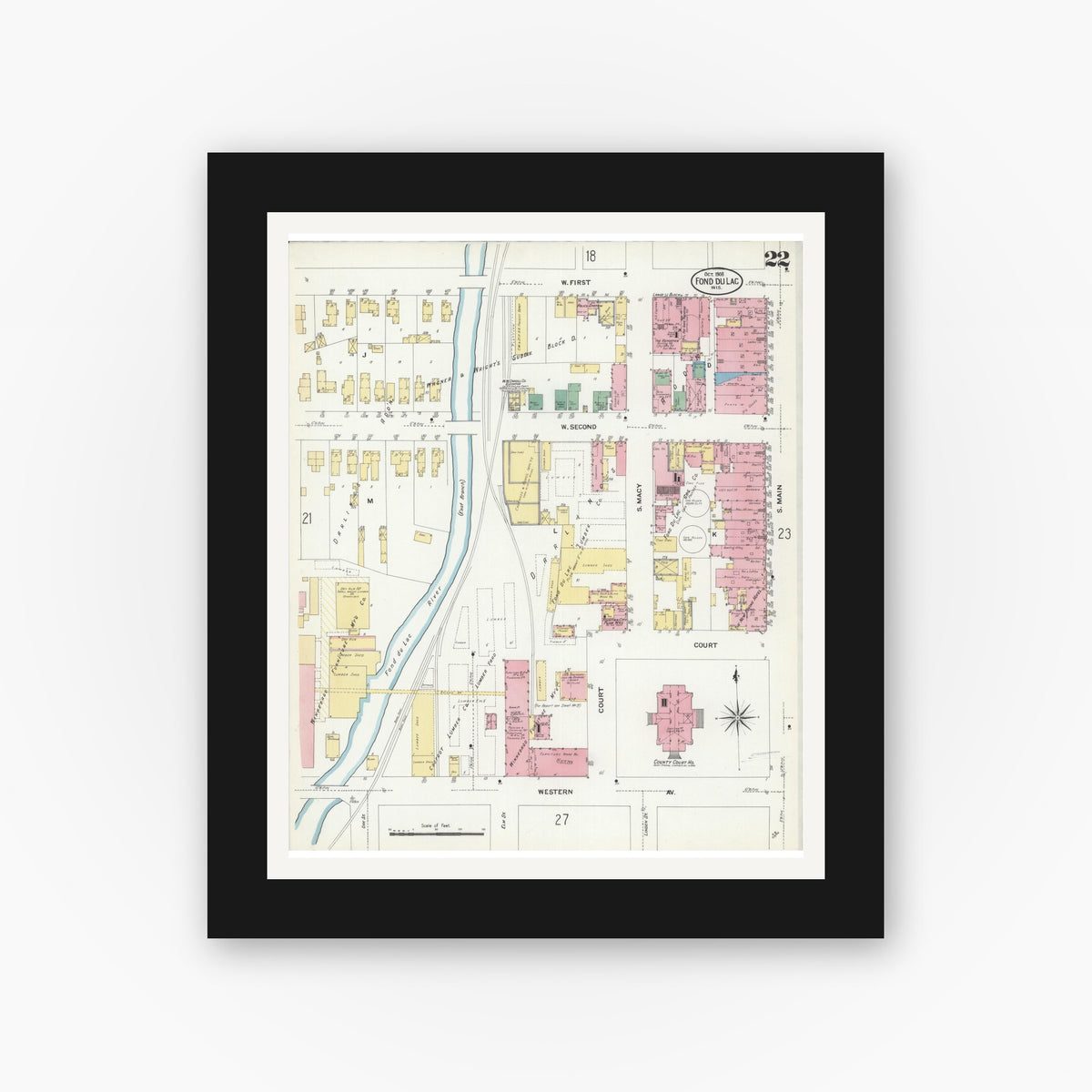 Old map wall art mockup — black gallery frame with white mat — Sanborn Fire Insurance Map from Fond du Lac, Fond du Lac County, Wisconsin (1908), Sheet #0022