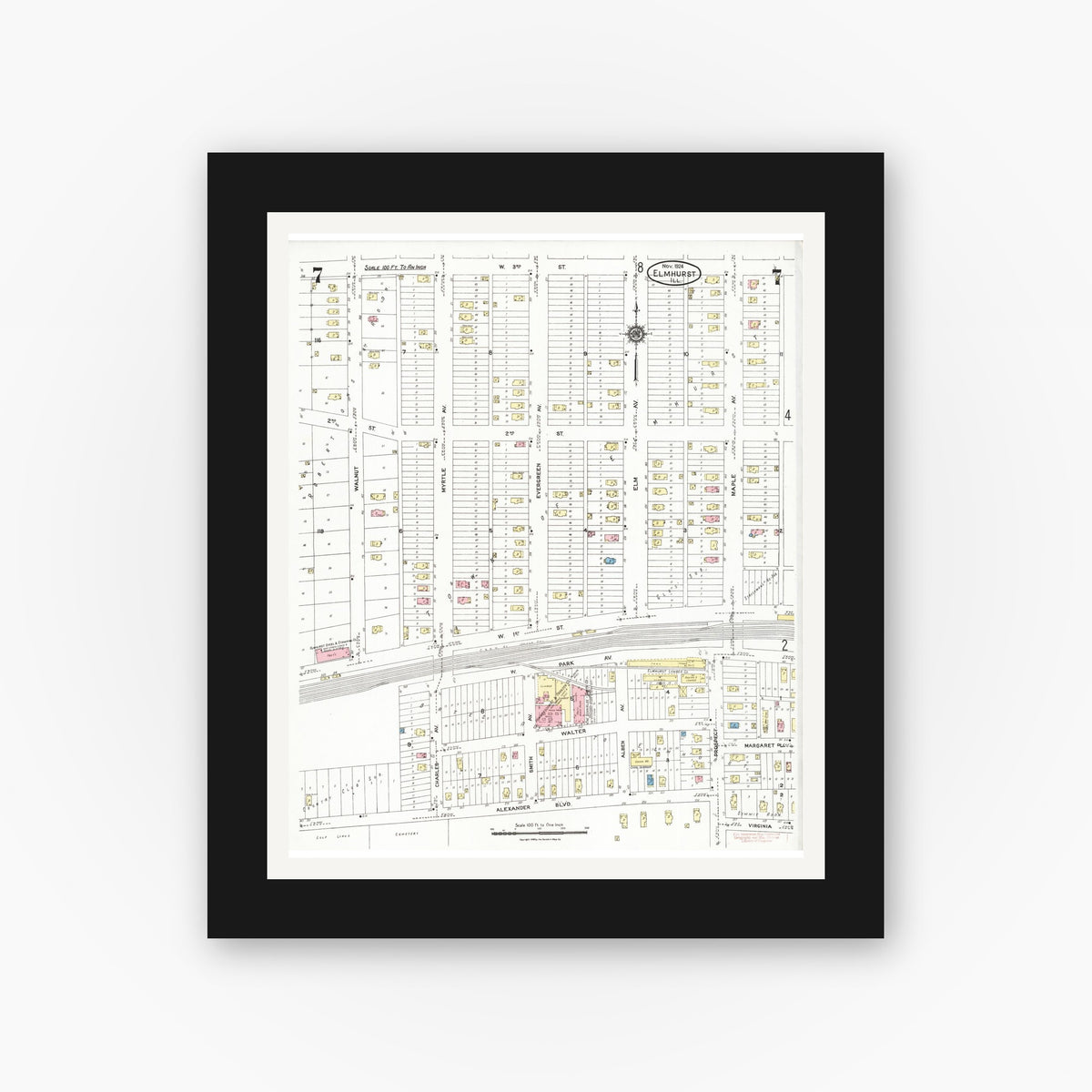 Old map wall art mockup — black gallery frame with white mat — Sanborn Fire Insurance Map from Elmhurst, Du Page County, Illinois (1924), Sheet #0007