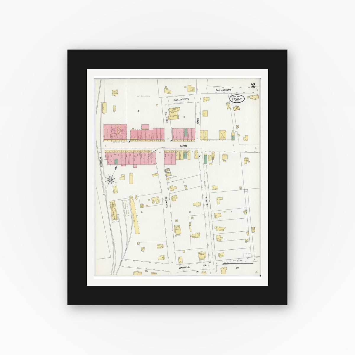 Old map wall art mockup — black gallery frame with white mat — Sanborn Fire Insurance Map from Italy, Ellis County, Texas (1904), Sheet #0002