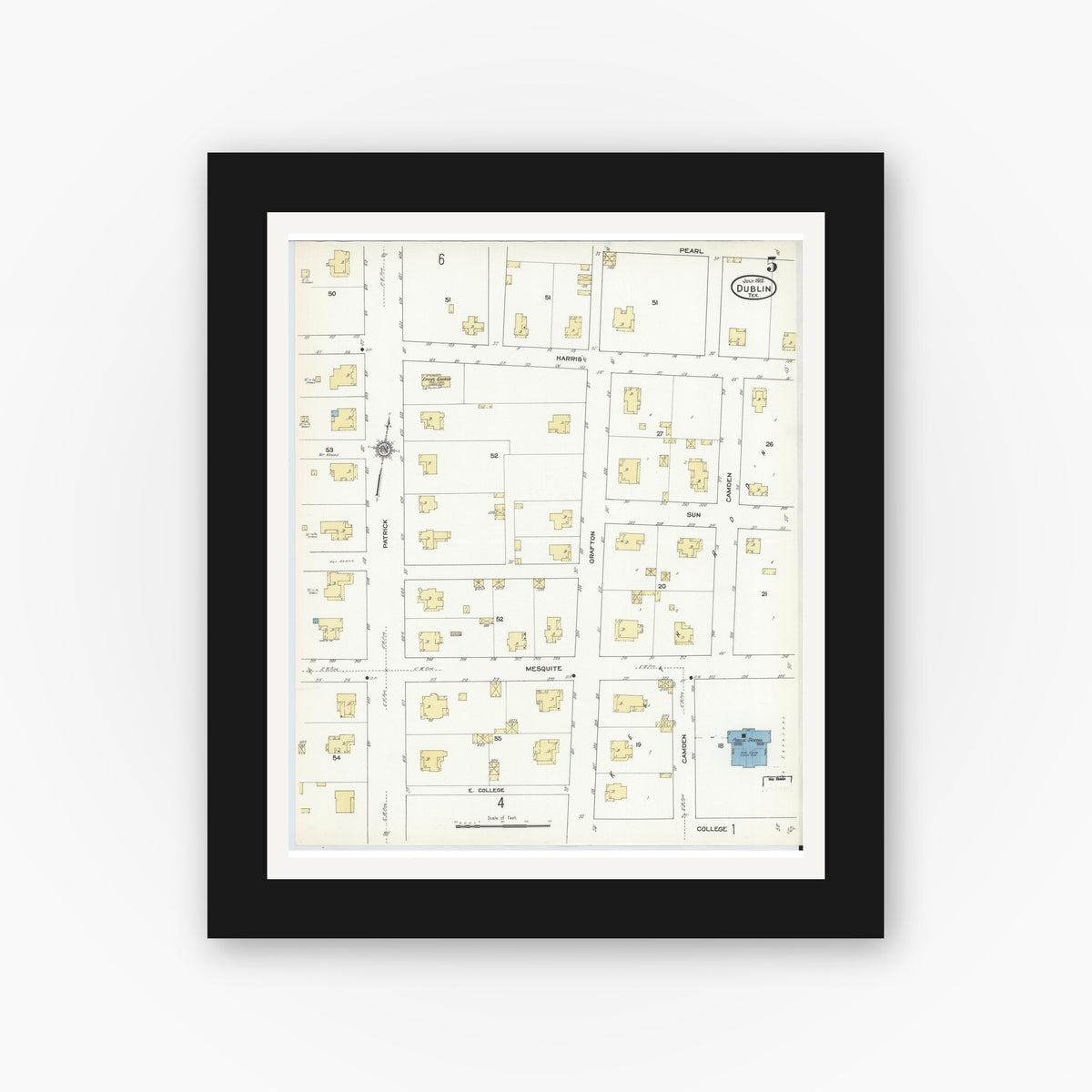 Old map wall art mockup — black gallery frame with white mat — Sanborn Fire Insurance Map from Dublin, Erath County, Texas (1912), Sheet #0005